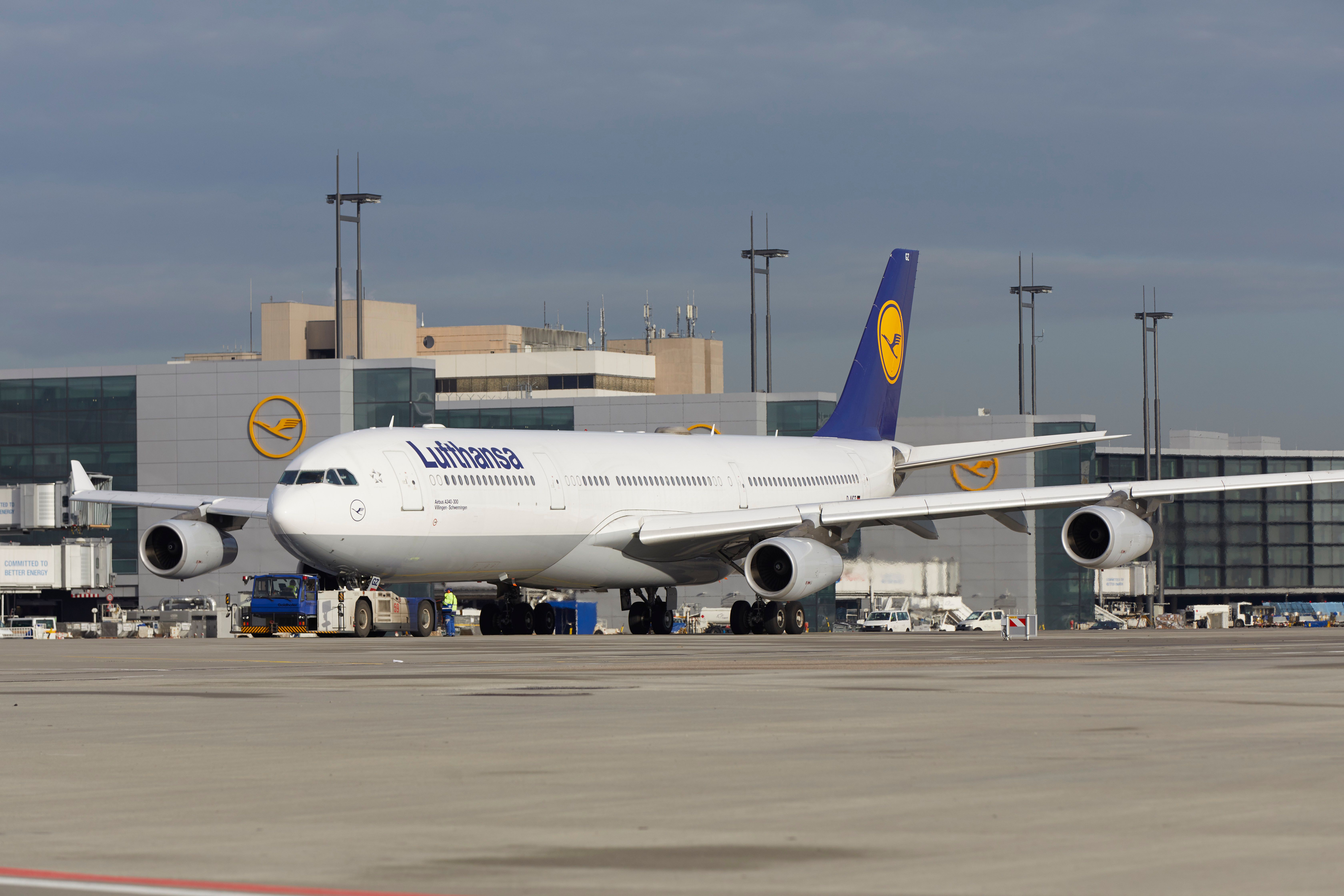 A Lufthansa Airbus A340-300 on the Apron at Frankfurt Airport.