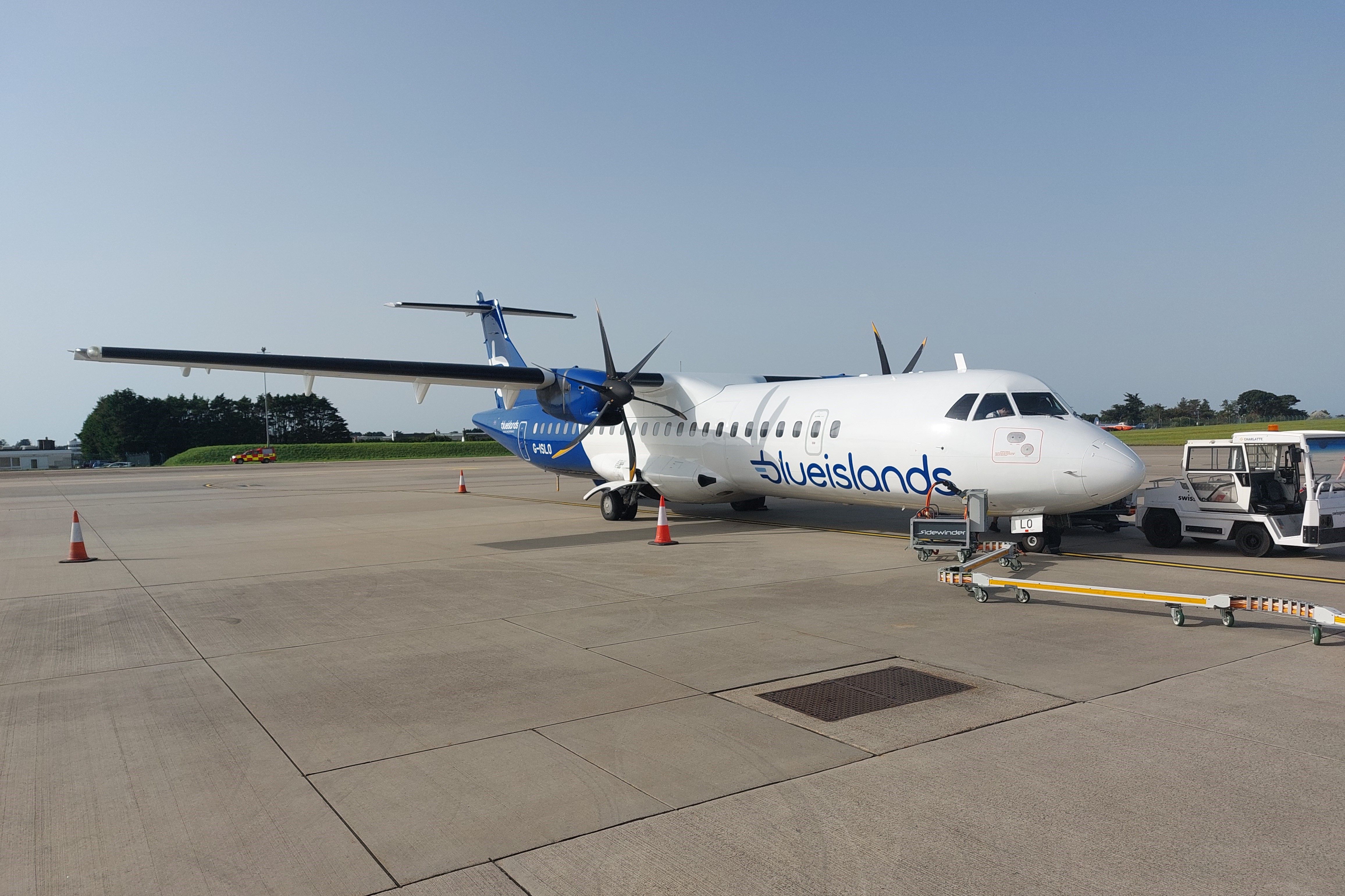 A Blue Islands ATR 72 Parked on the airport apron In Jersey.