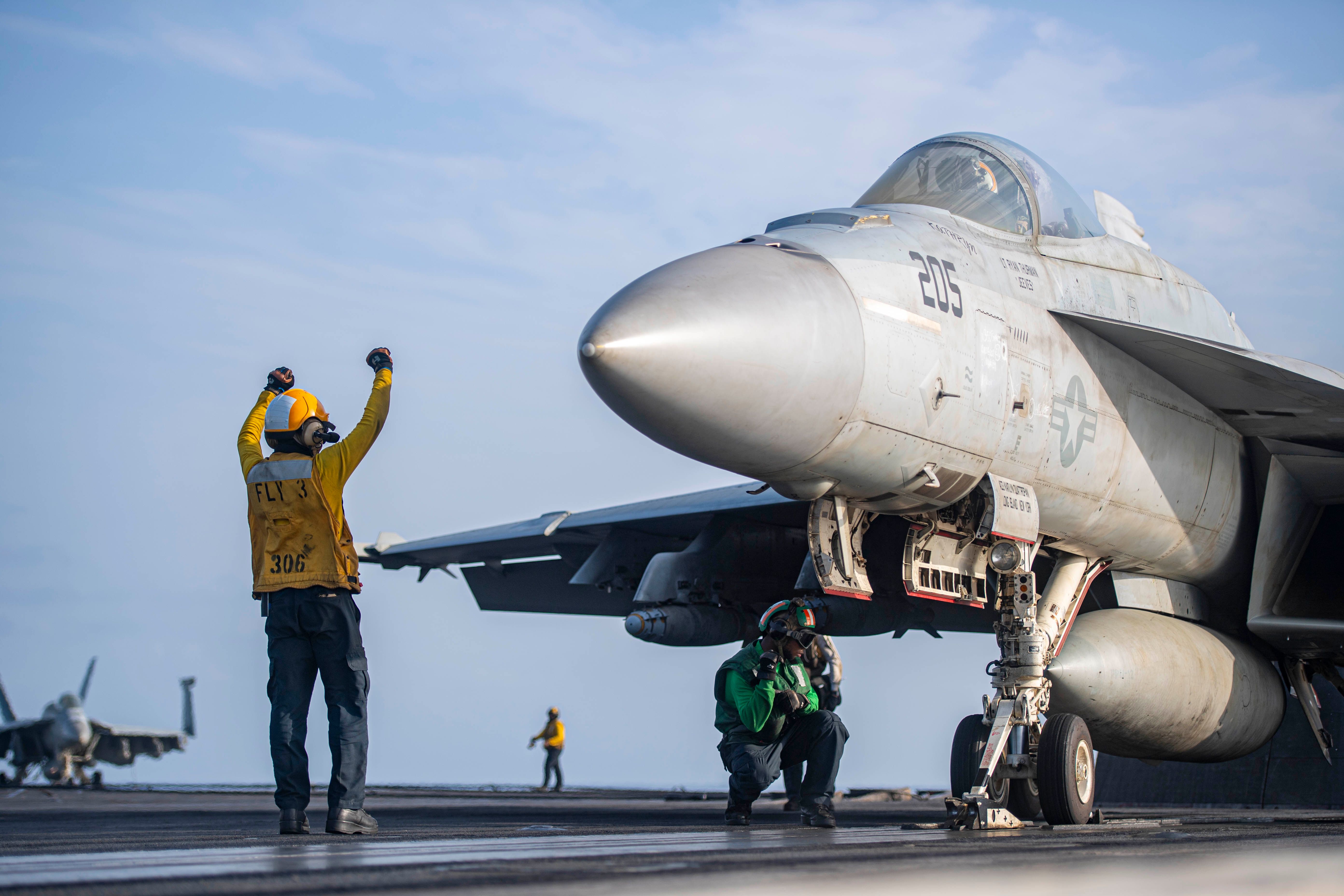 F/A-18E Super Hornet, attached to the "Rampagers" of Strike Fighter Squadron (VFA) 83, during flight operations aboard the Nimitz-class aircraft carrier USS Dwight D. Eisenhower 