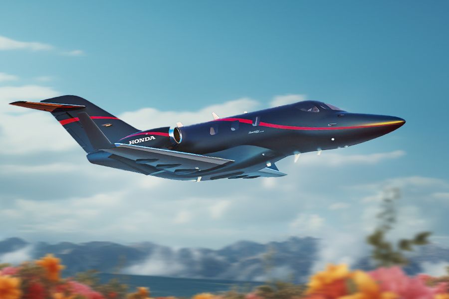 A HondaJet flying in the sky.