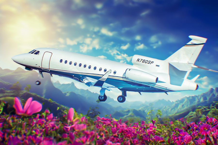 A Dassault Falcon 900 surrounded by beautiful green landscapes.