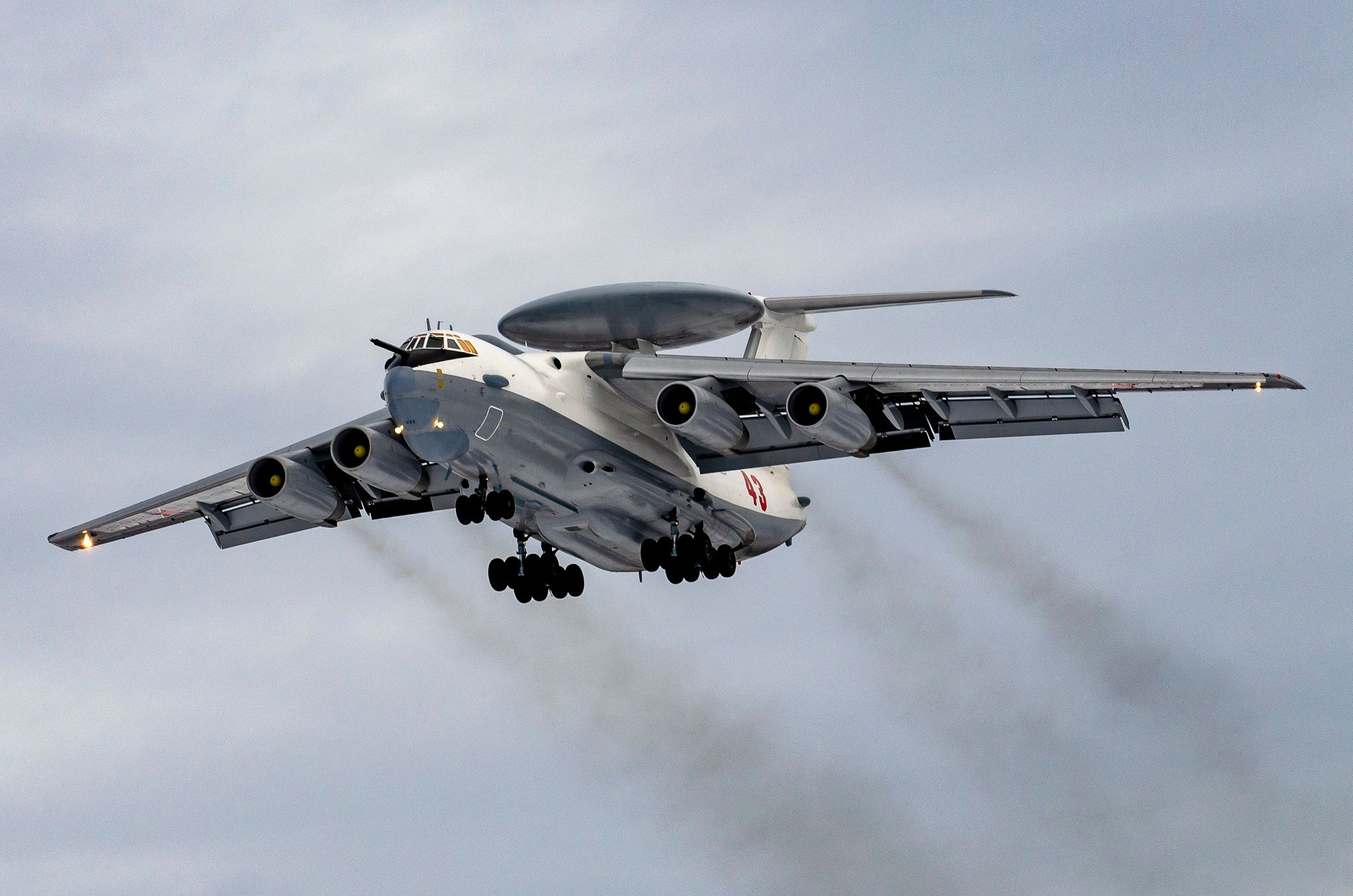 A Russian Aerospace Forces Beriev A-50U flying in the sky.
