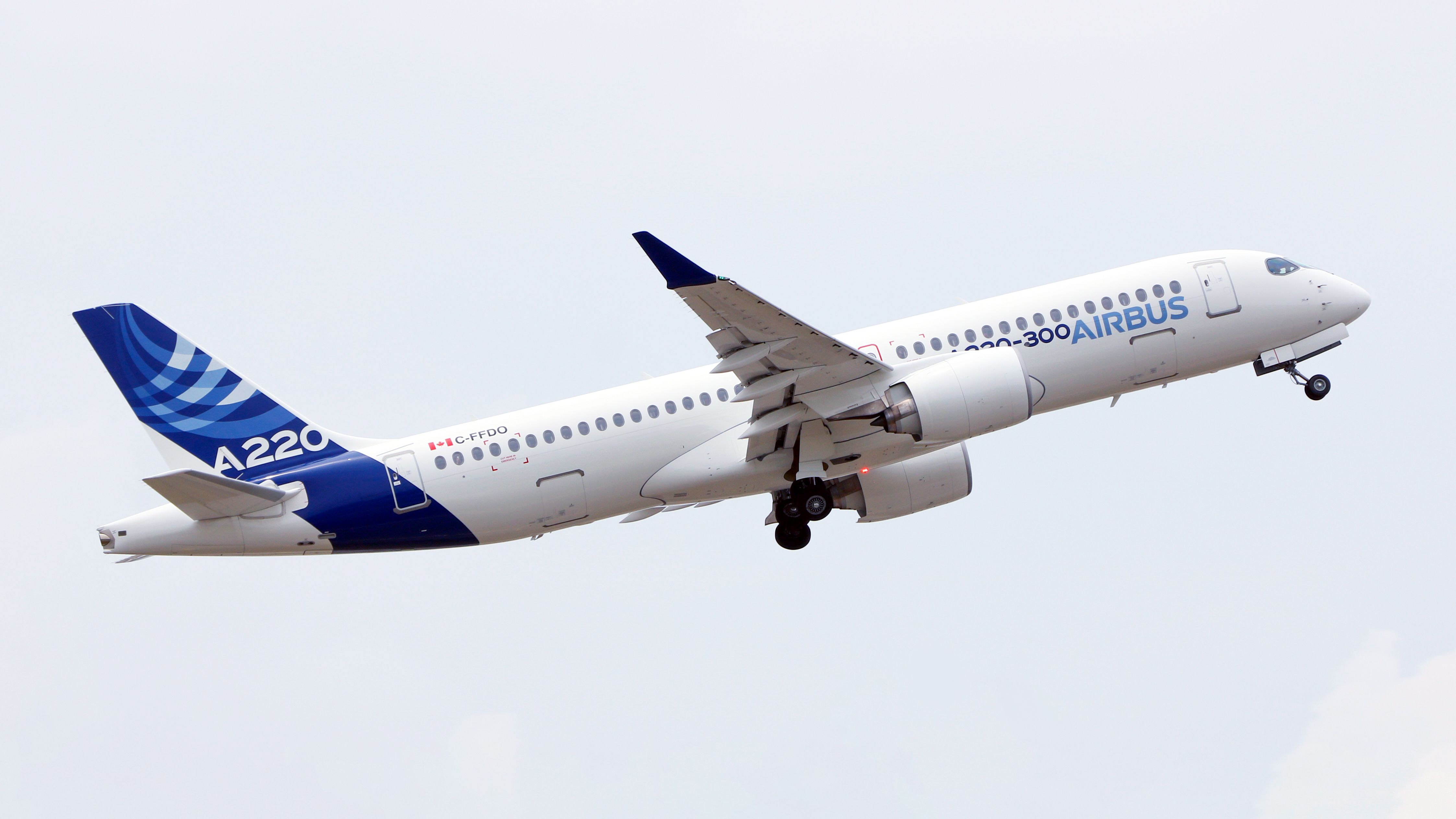Airbus A220-300 with its test livery departing on a demo flight shutterstock_1825627673-1
