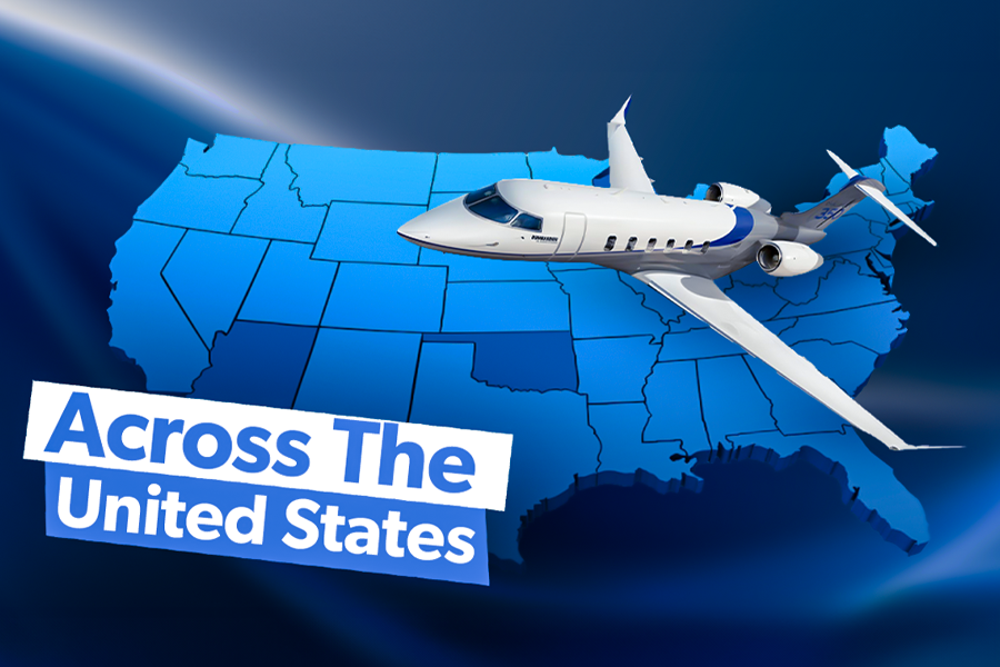 A Business jet with a map of the United States in the background.