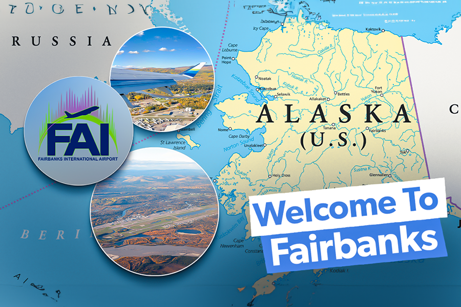 Two photos of Fairbanks International Airport with a map of Alaska in the background.