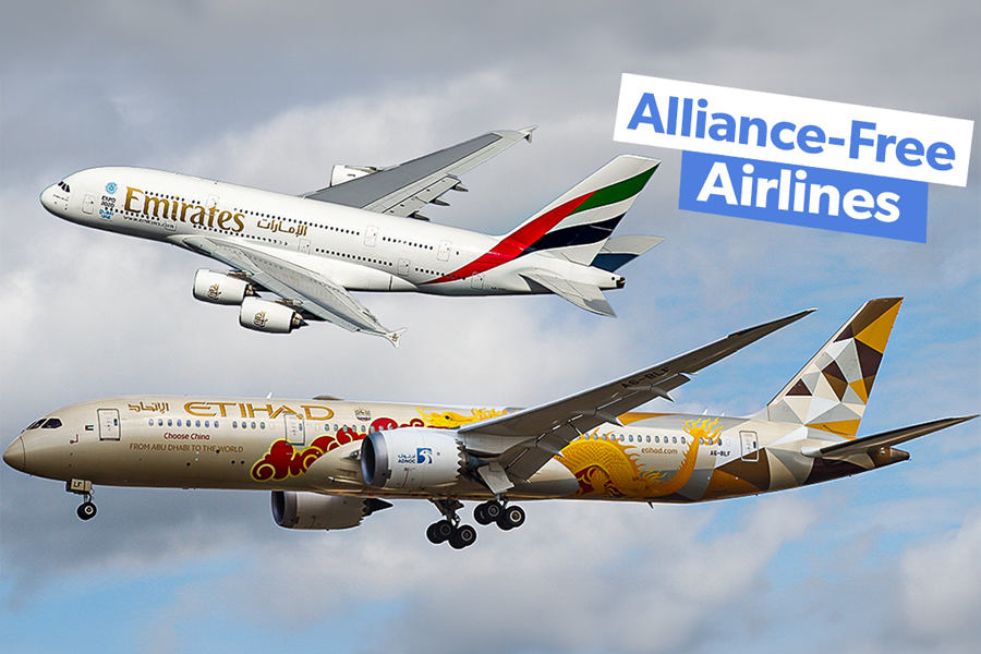 An Emirates Airbus A380 and Etihad aircraft flying in the sky.