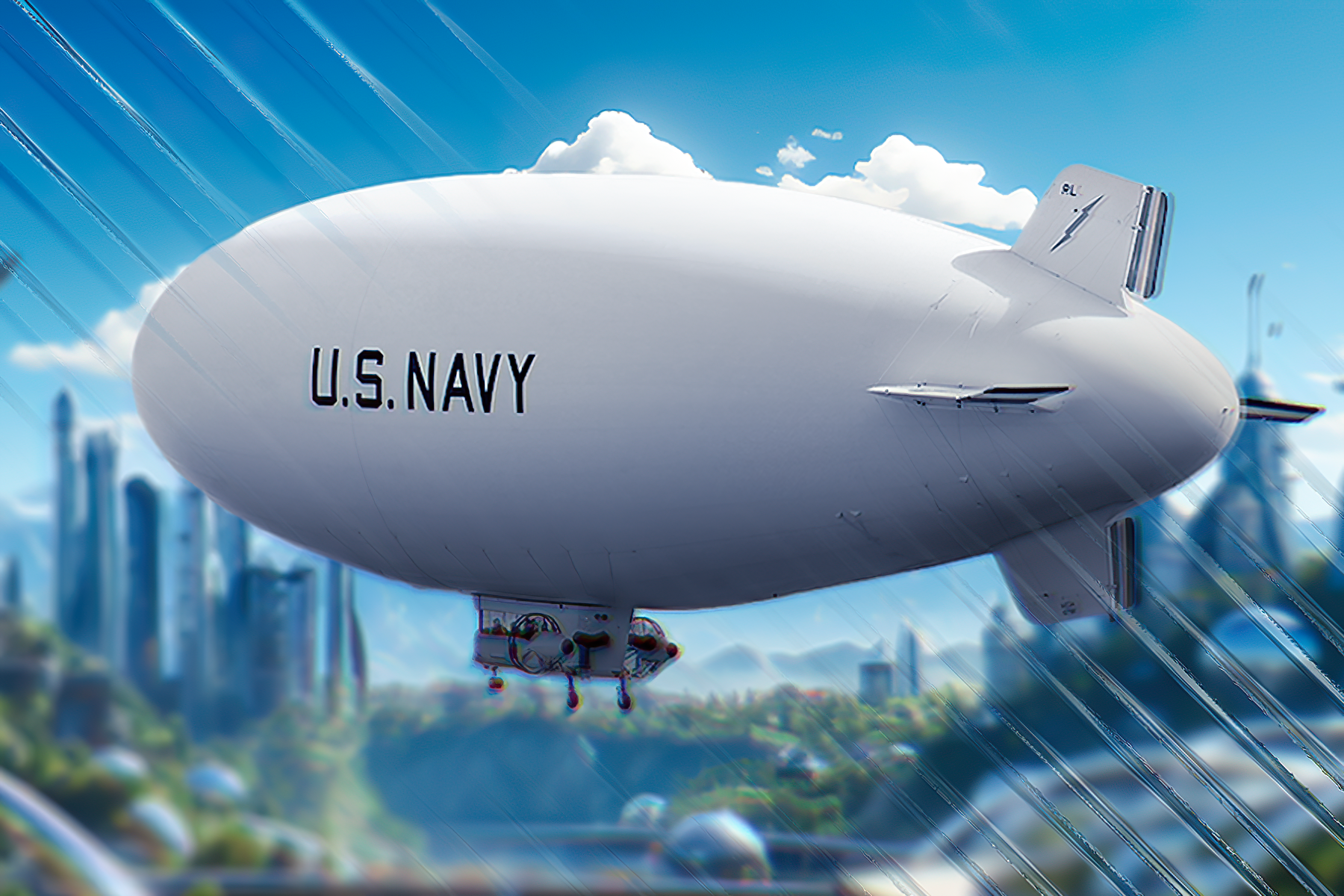 A Futuristic US Navy airship flying near a city.