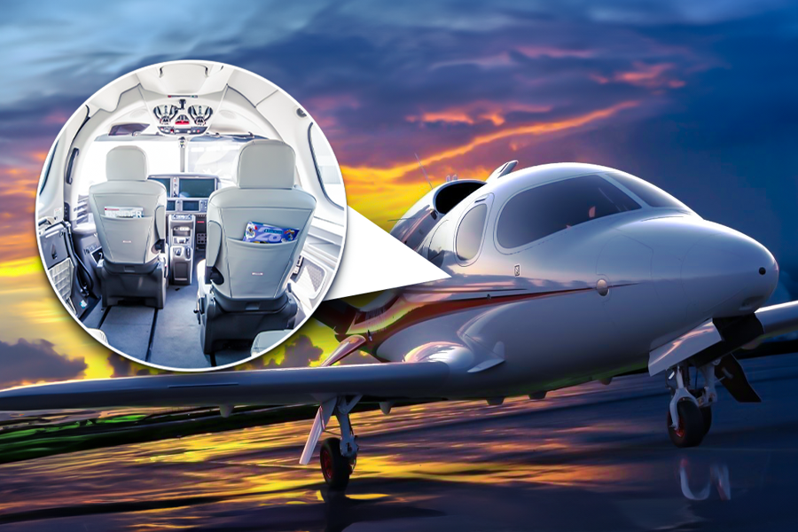 A Cirrus Vision Jet with a thumbnail of its interior.