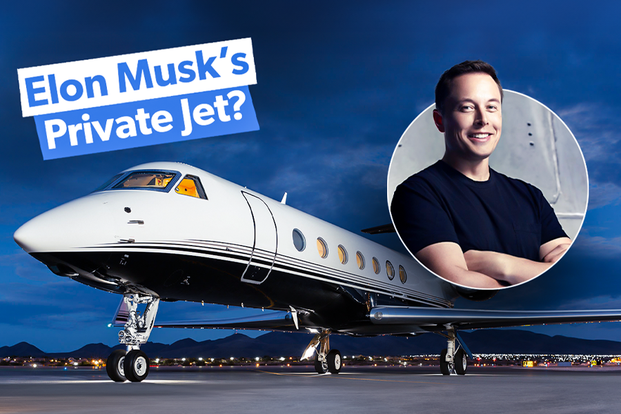 A Business jet on an airport apron with a portrait of Elon Musk in the foreground.