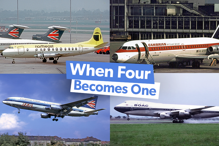 Images of planes from each of the four airlines in 1974 British Airways merger