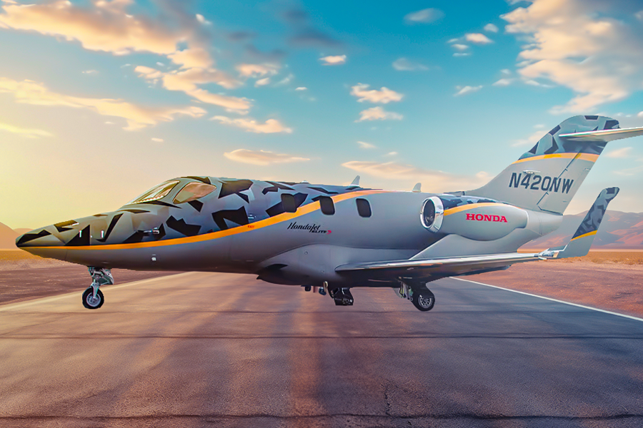 A render of a HondaJet on an airport apron.