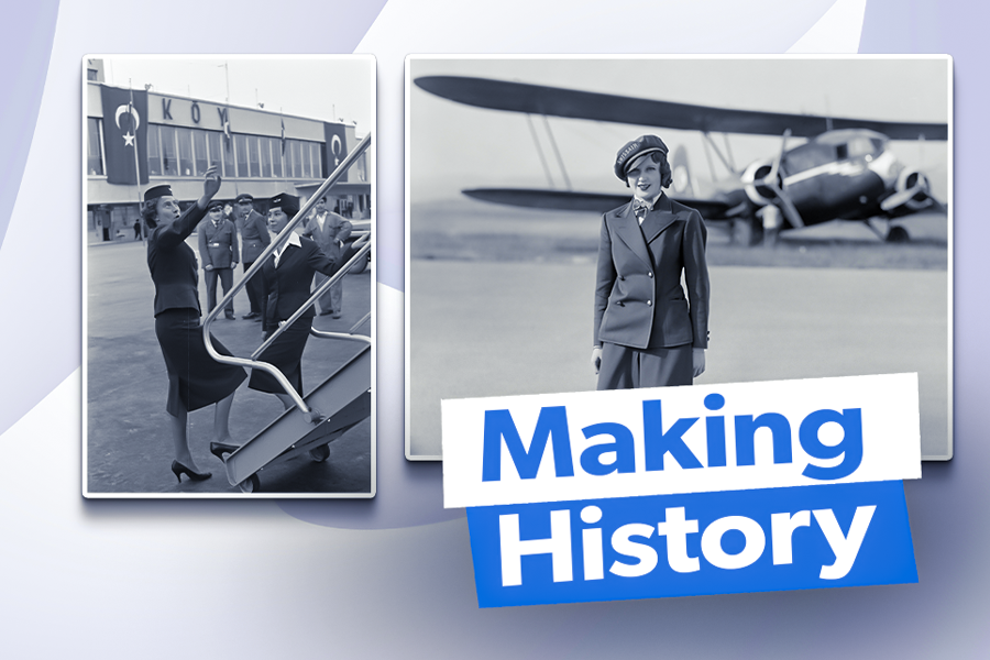 Two black and white photos depicting female flight attendants from the early years of aviation.