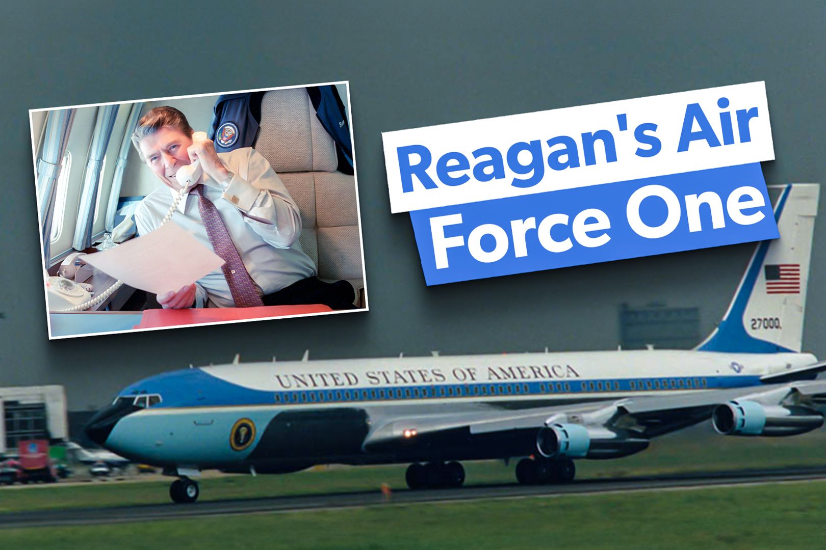 A photo of President Reagan and a Boeing 707.
