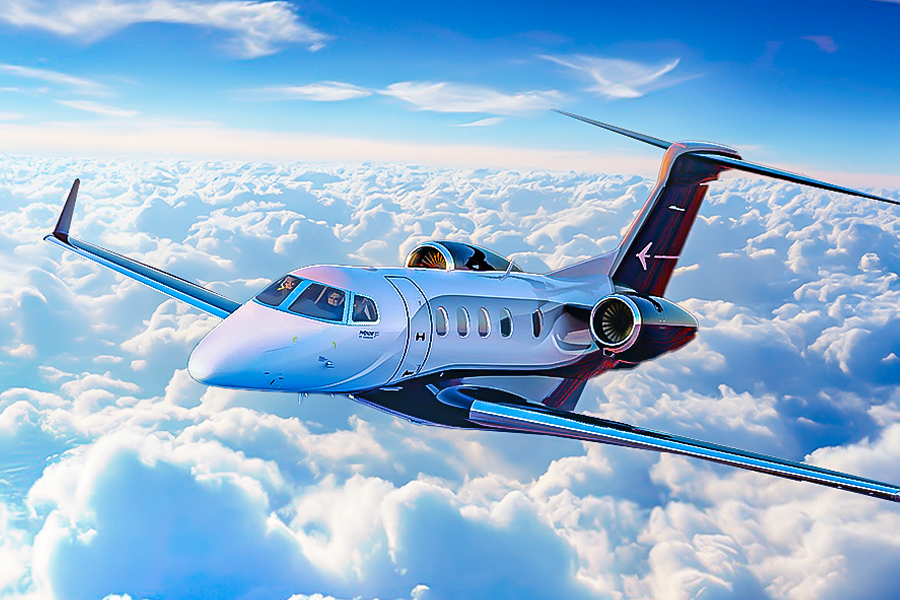 An Embraer Phenom 300 flying above the clouds.