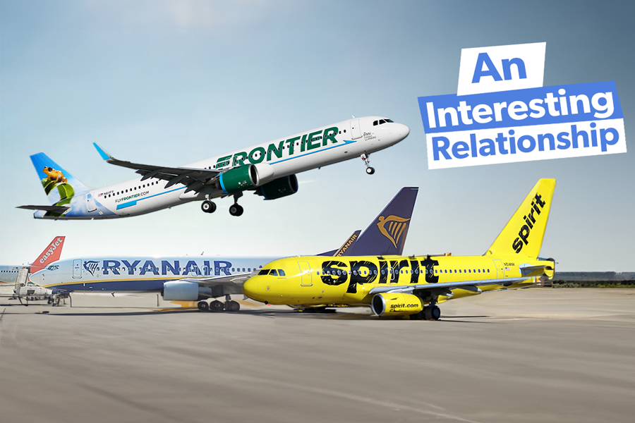 A rendered photo of Frontier, Spirit, Ryanair, and easyJet aircraft on an airport apron.