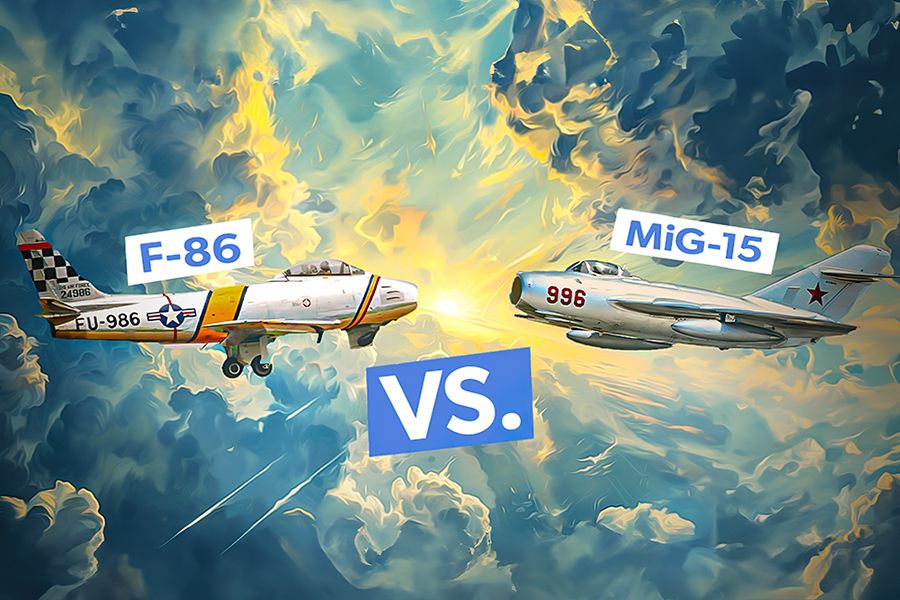 A painted photo of an F-86 and a MiG-15 flying in the sky.