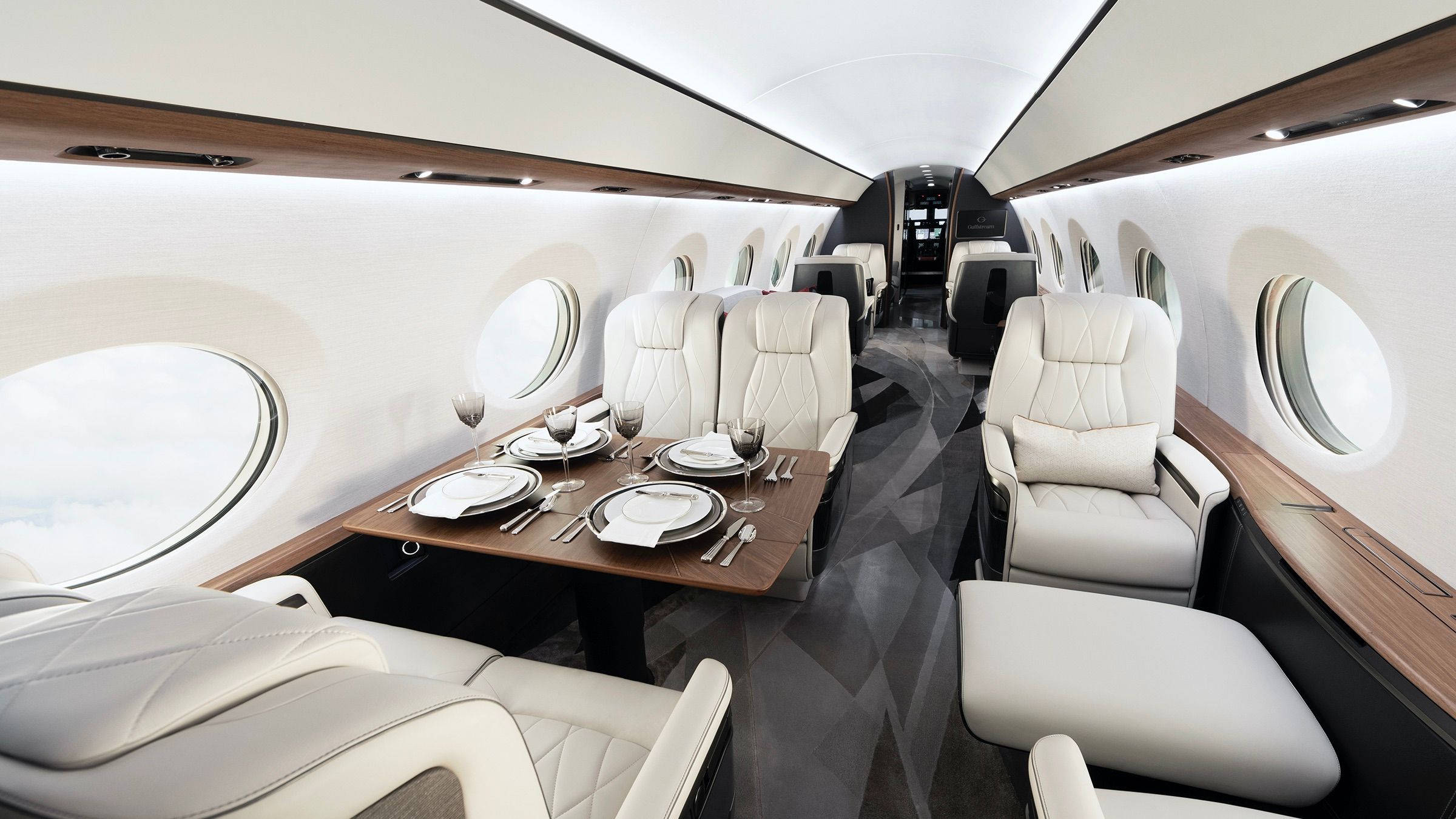 Inside the main cabin area of a Gulfstream G700.