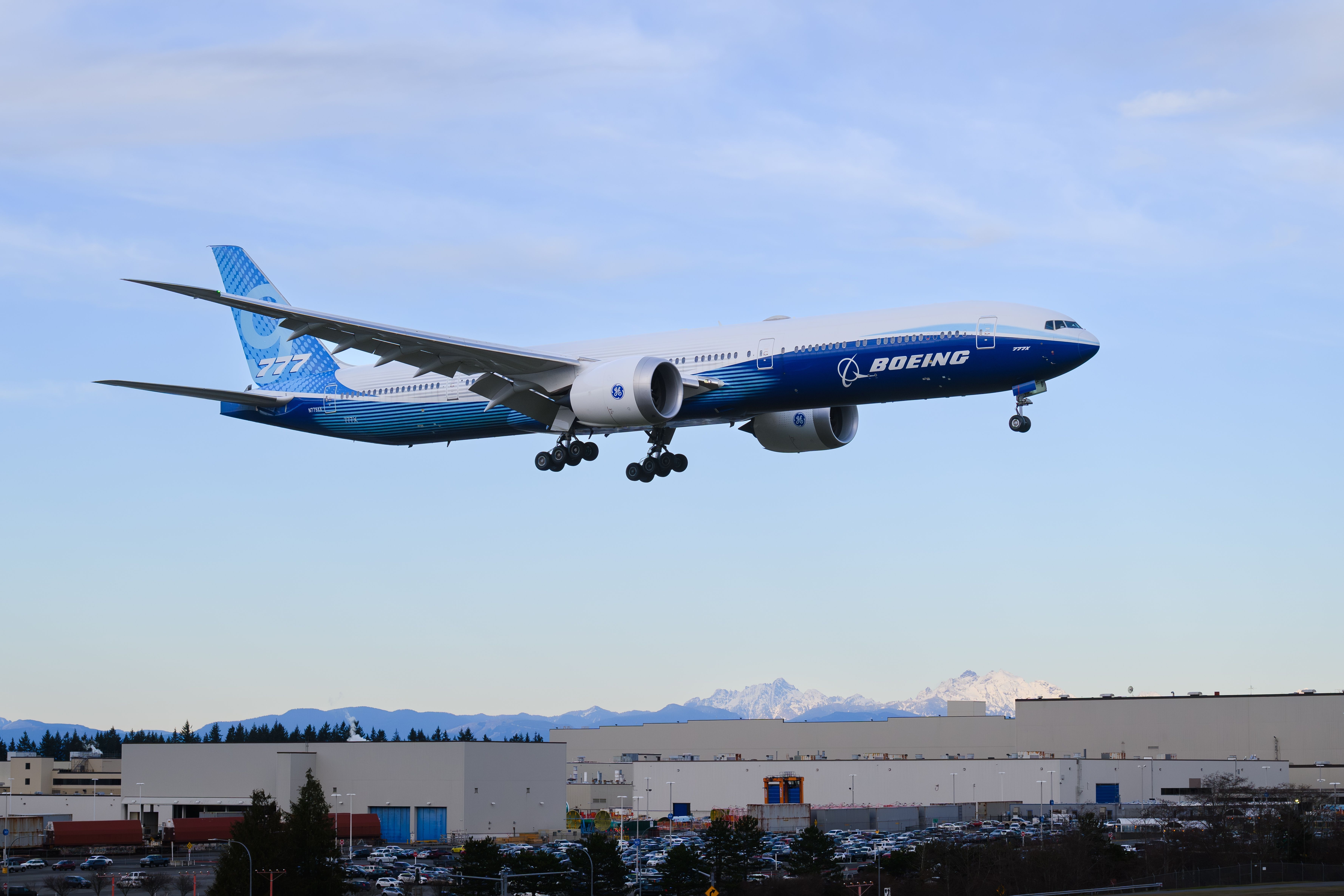 Boeing 777-9 landing at Everett, Washington shutterstock_2427066121
