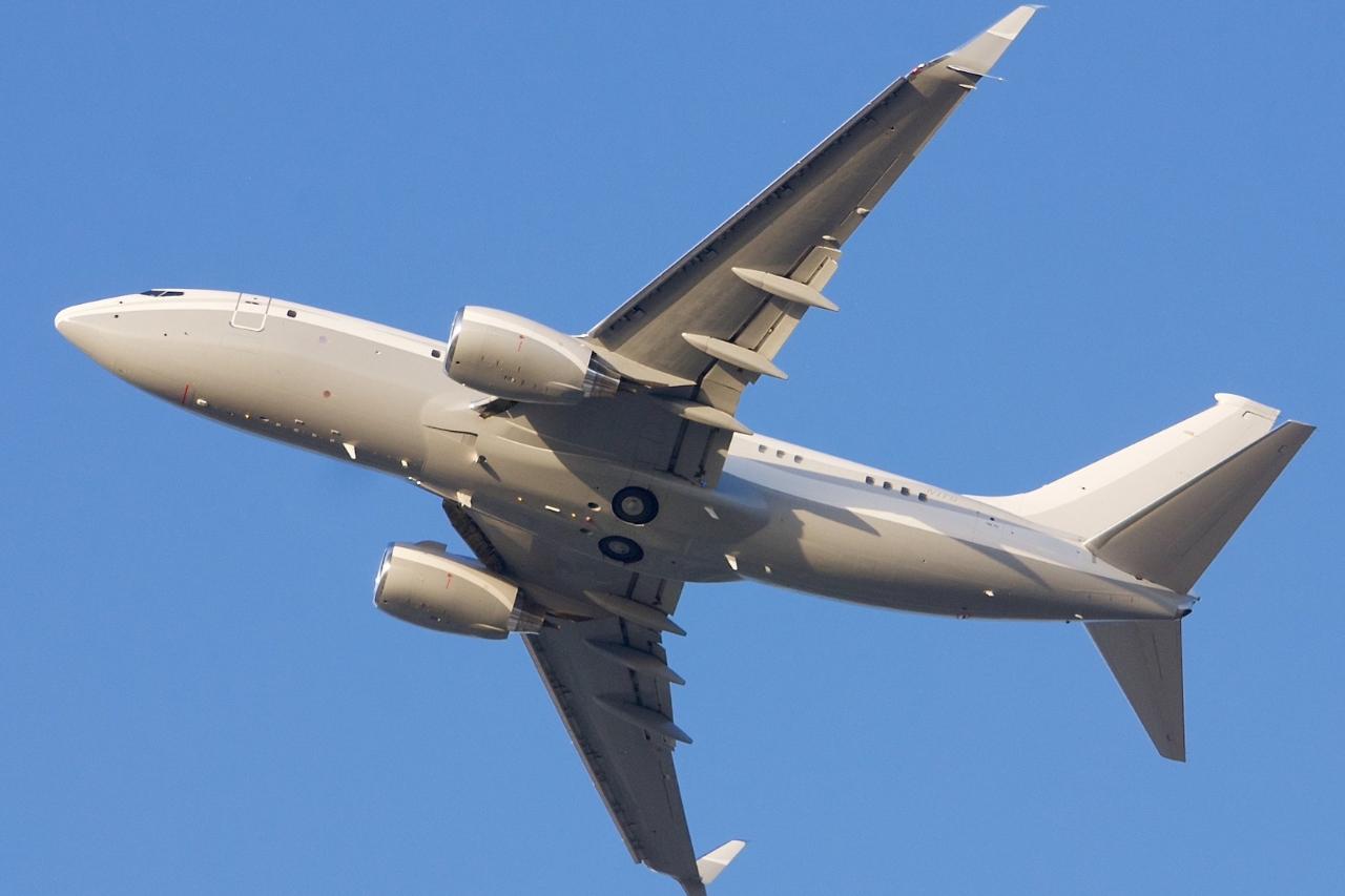 A Boeing Business Jet BBJ 737 flying overhead.