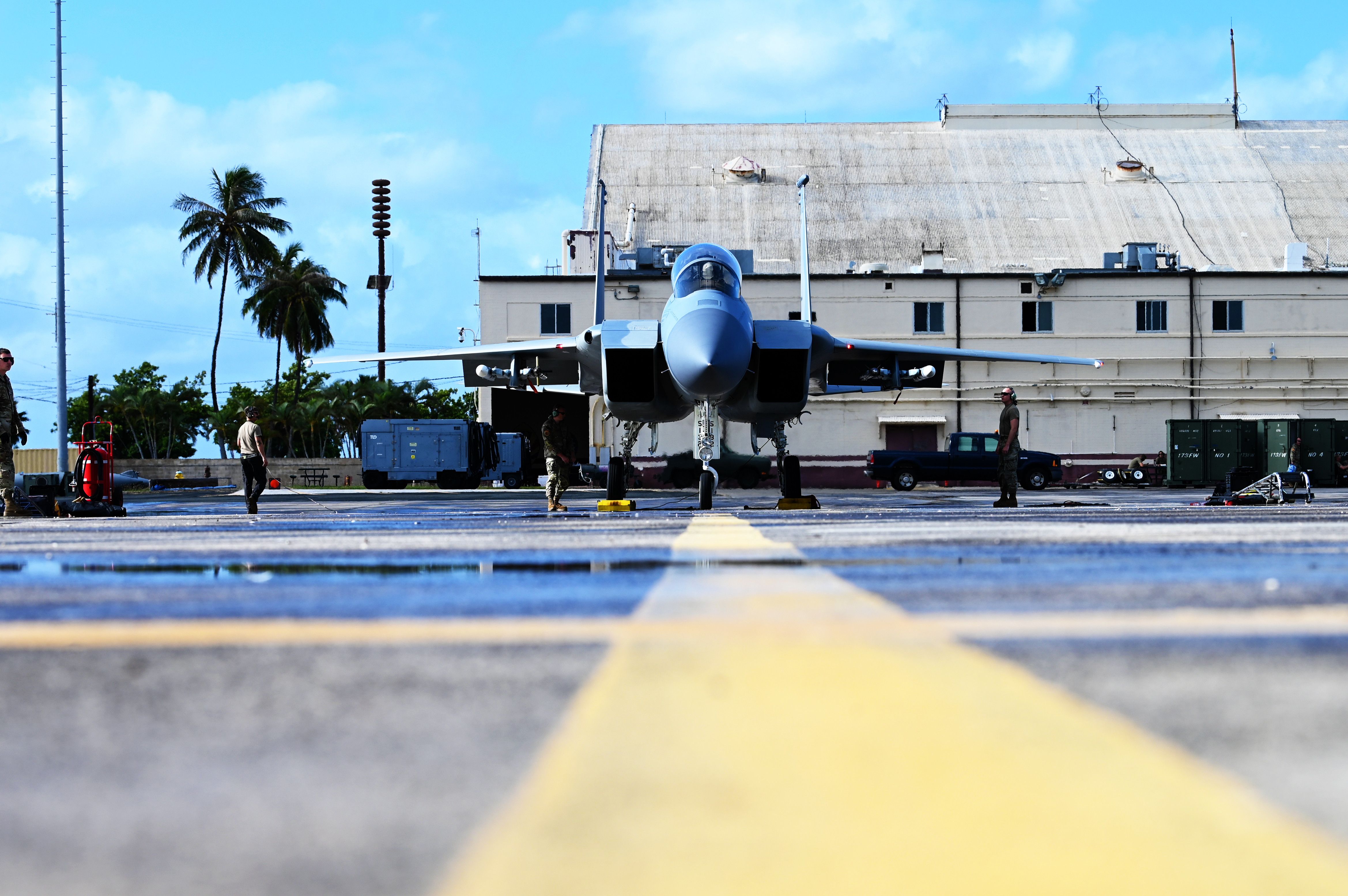A Boeing F-15 Eagle on an airfield apron.