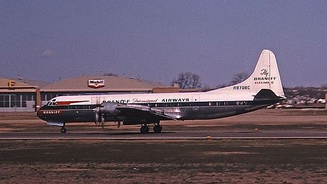 A Braniff International Airways Lockheed Electra on an airport apron.