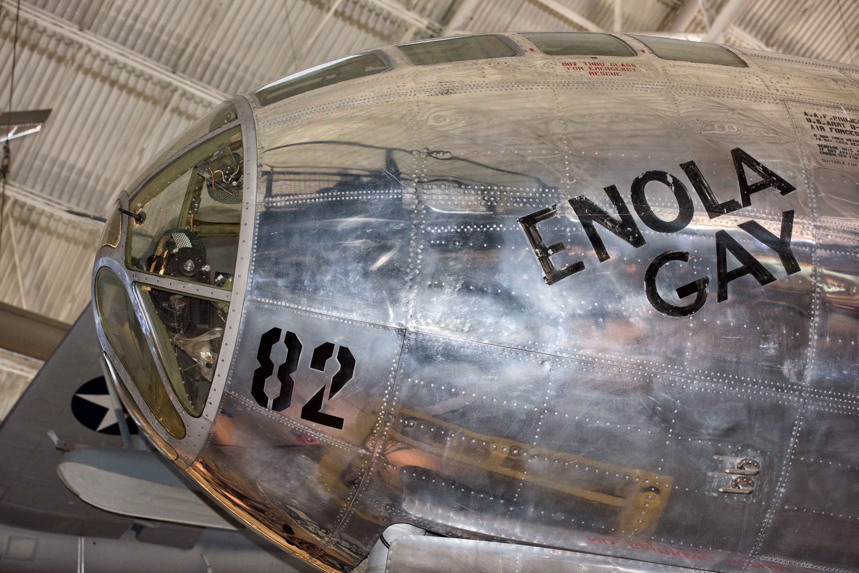 A closeup of the cockpit of the Boeing B-29 Superfortress Enola Gay at a museum.