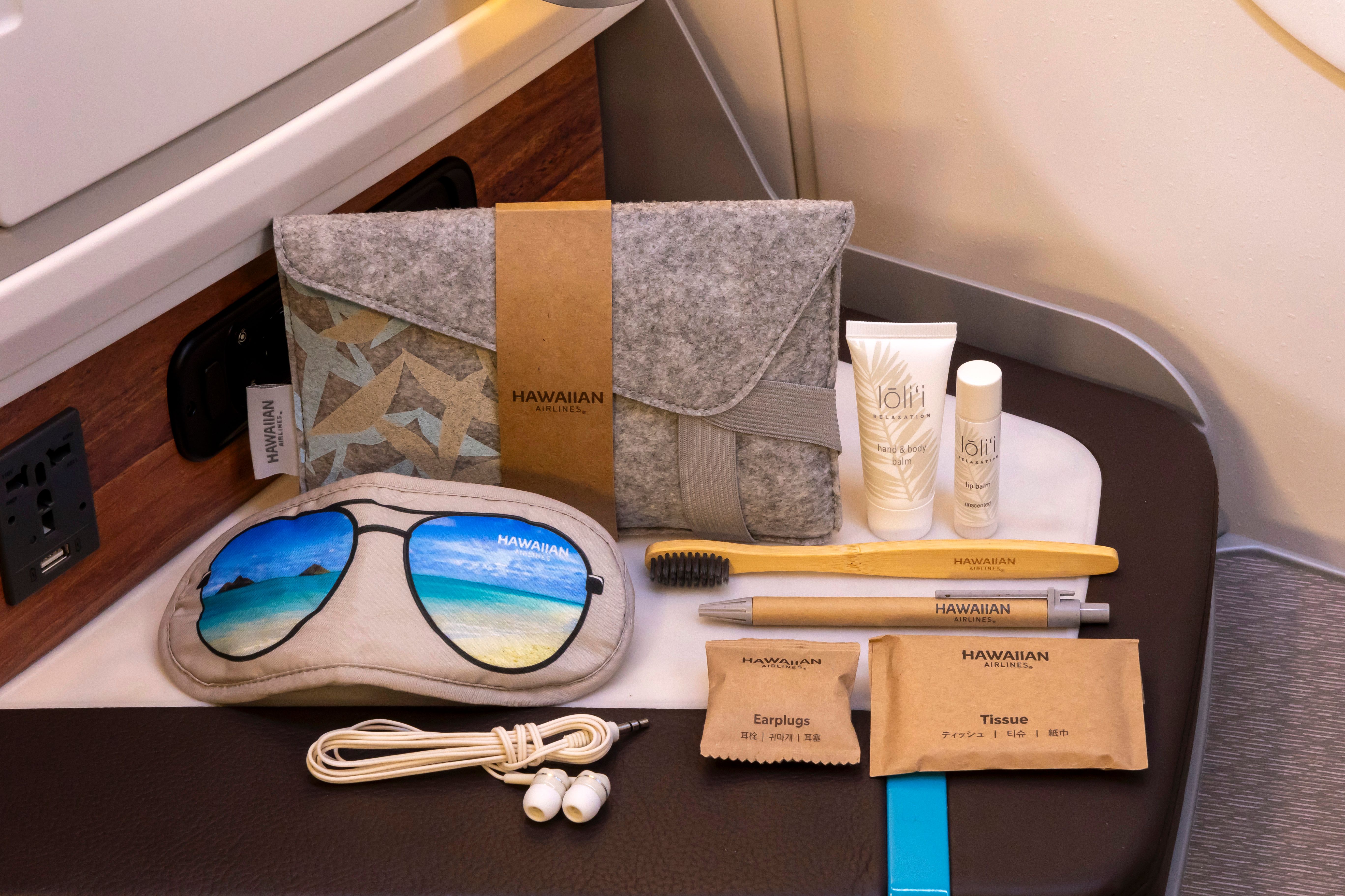 Hawaiian Airlines & Noho Home Extra Comfort amenity kit features the Lele design