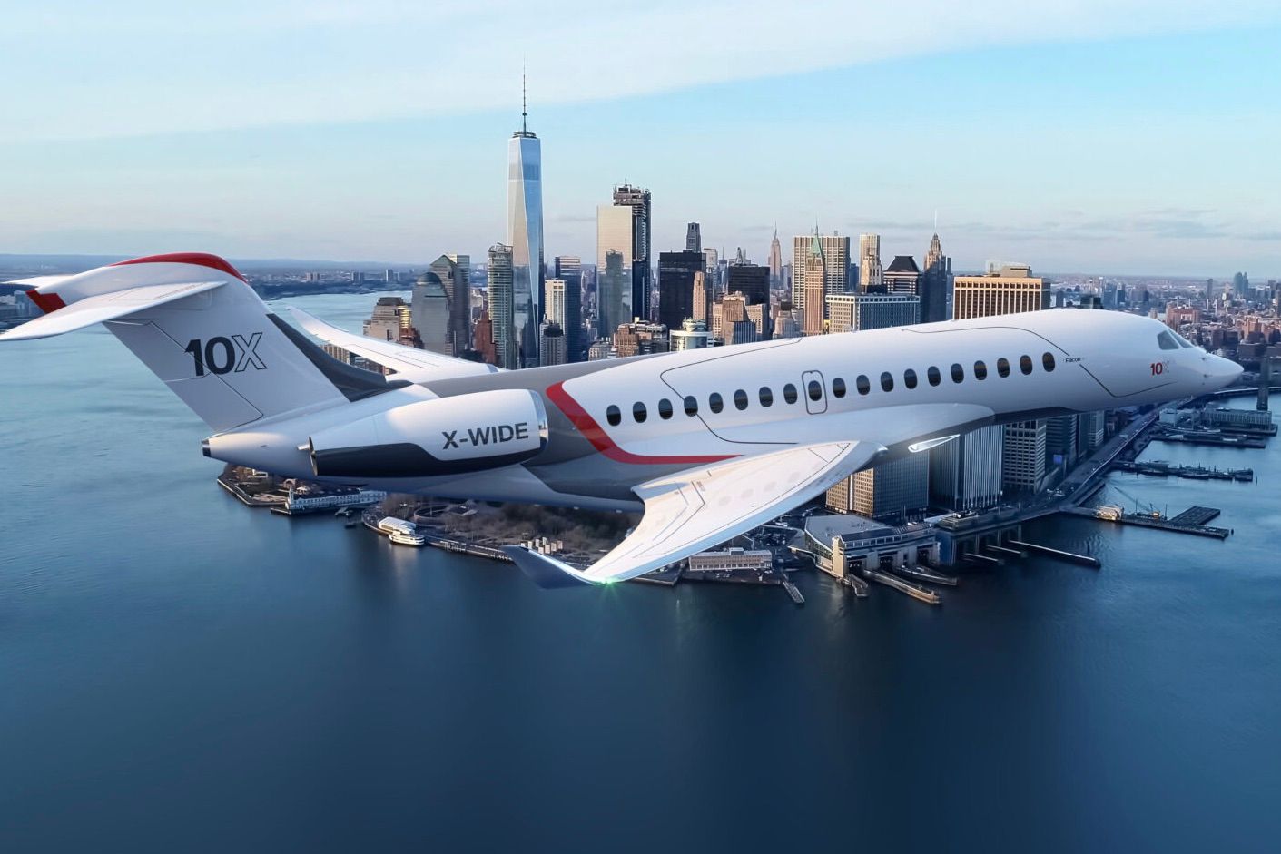 A Dassault Falcon10X flying over New York City.