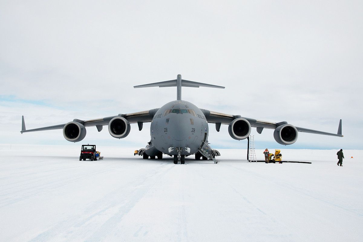 A Boeing C-17 Globemaster on the ground in Antarctica.