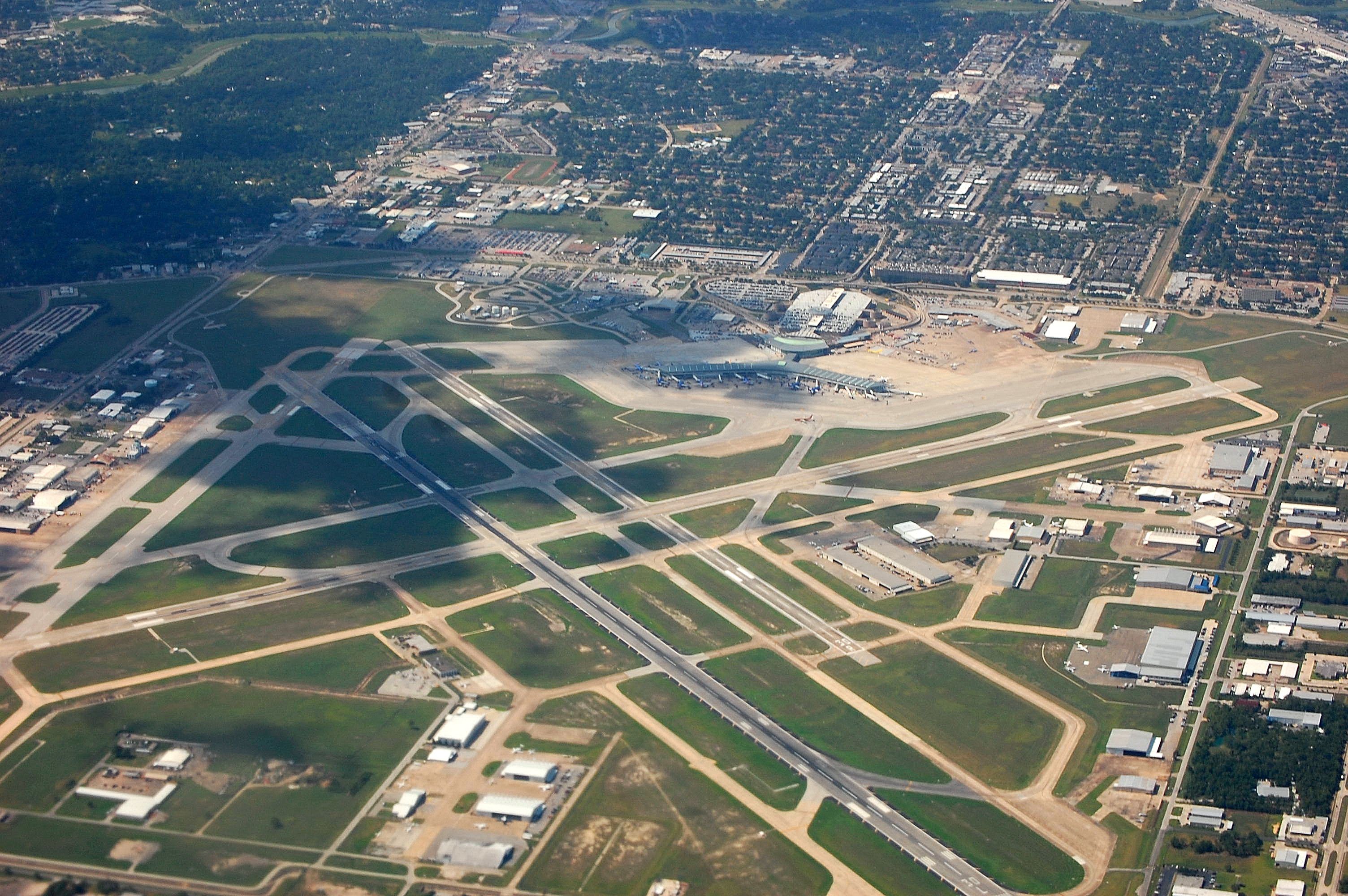 An aerial view of William P. Hobby Airport in Houston, Texas.