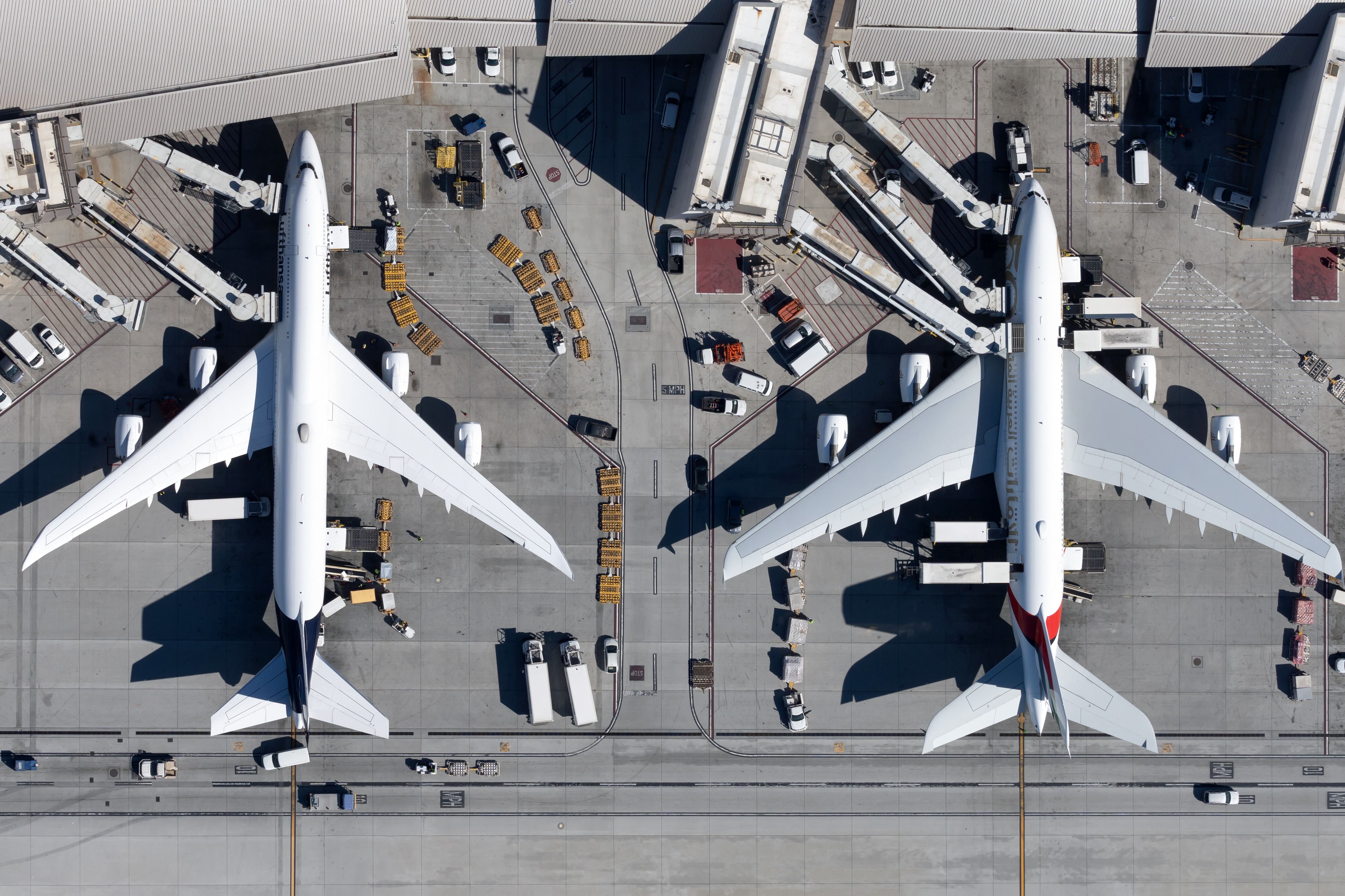 A 747 and A380 parking at Los Angeles International Airport. 