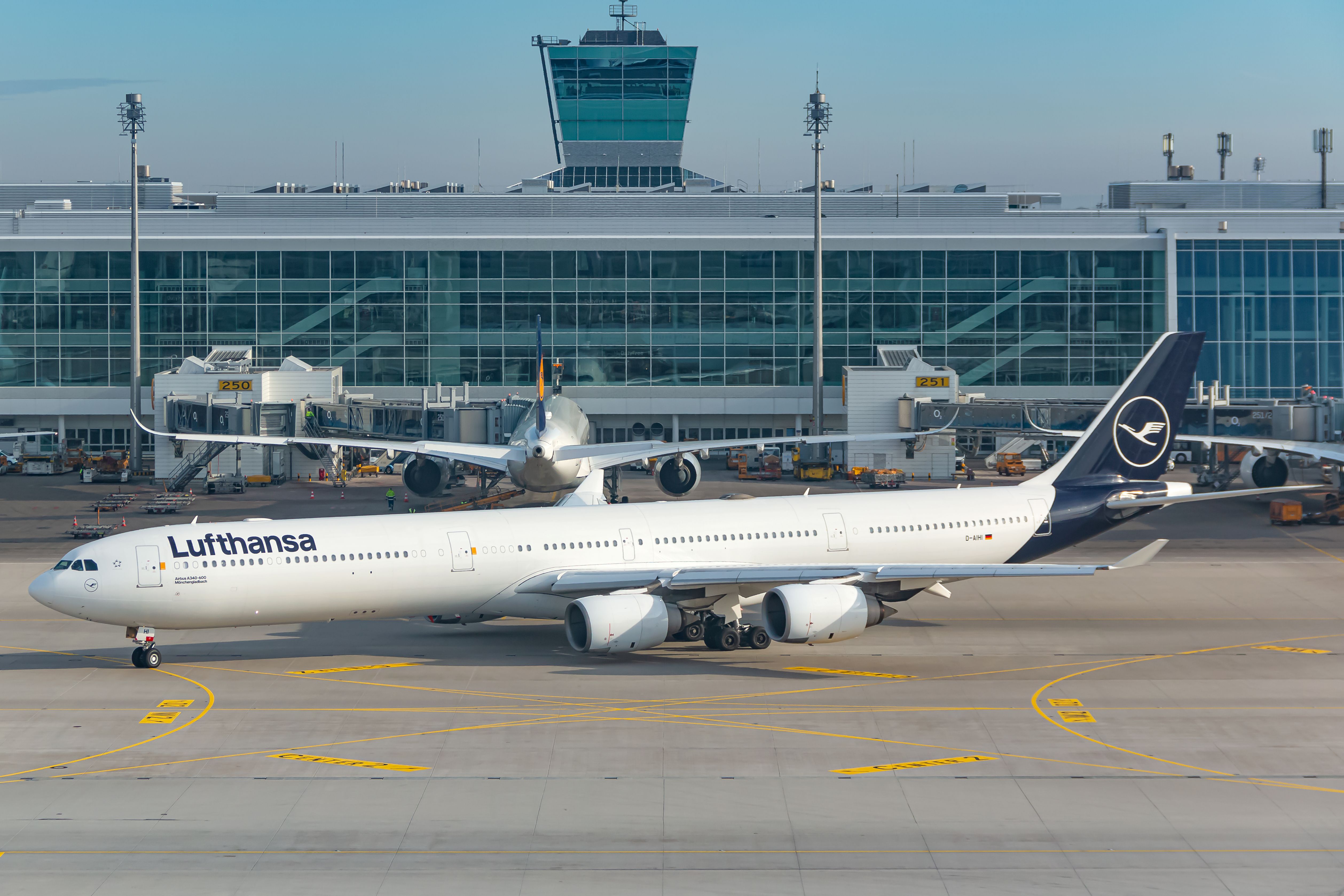 A Lufthansa Airbus A340-600 on the apron at Munich Airport.