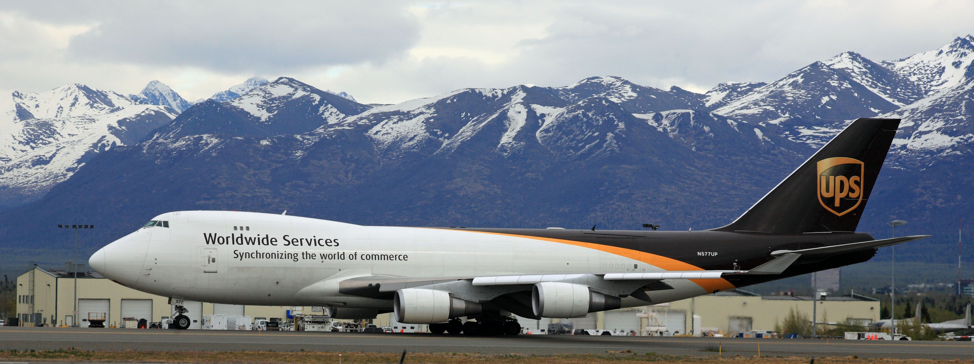 A UPS Boeing 747 on the apron in Anchorage.