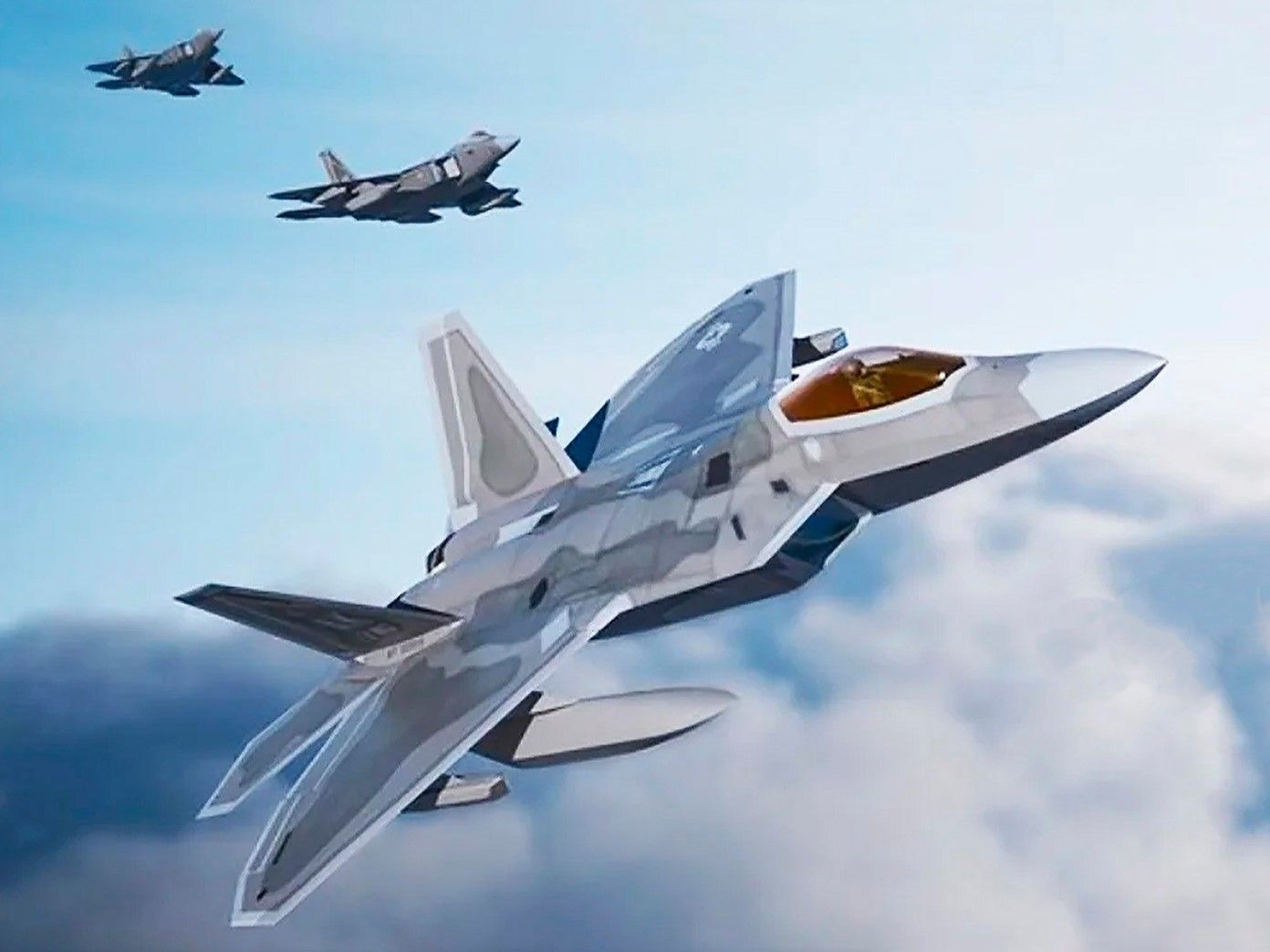 NEW_F22_illustration (4x6) - Three F-22 Raptors With Stealth IRST & Stealth Fuel Tanks
