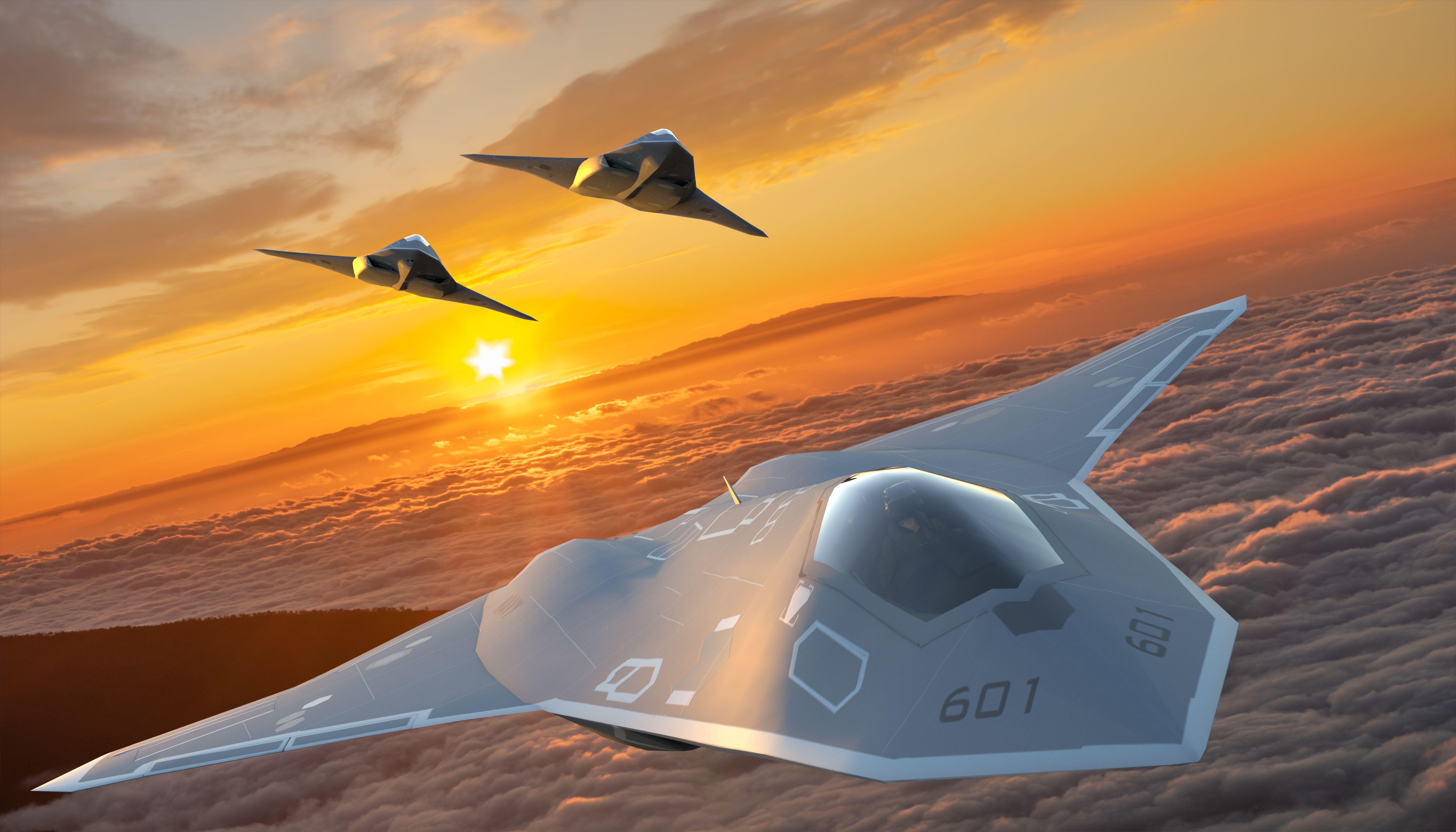 A render of three next generation fighter jets flying above the clouds.