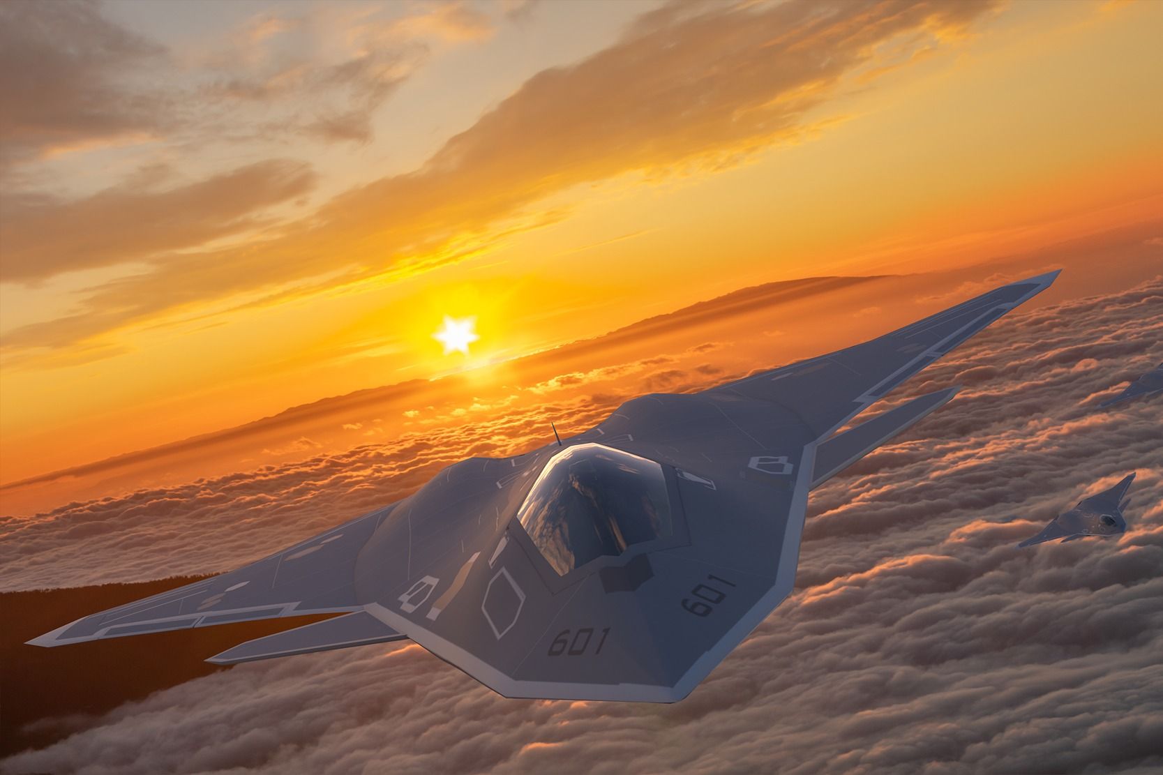 A render of a next generation fighter aircraft flying above clouds.