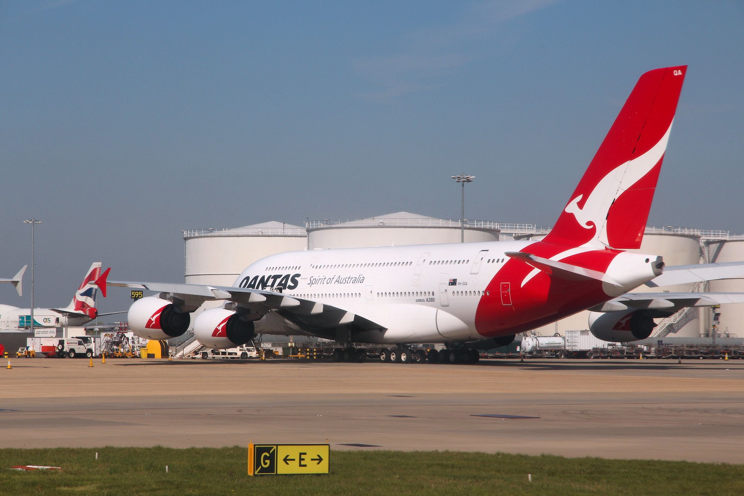 Qantas Airbus A380 at London Heathrow Airport LHR shutterstock_1737540905