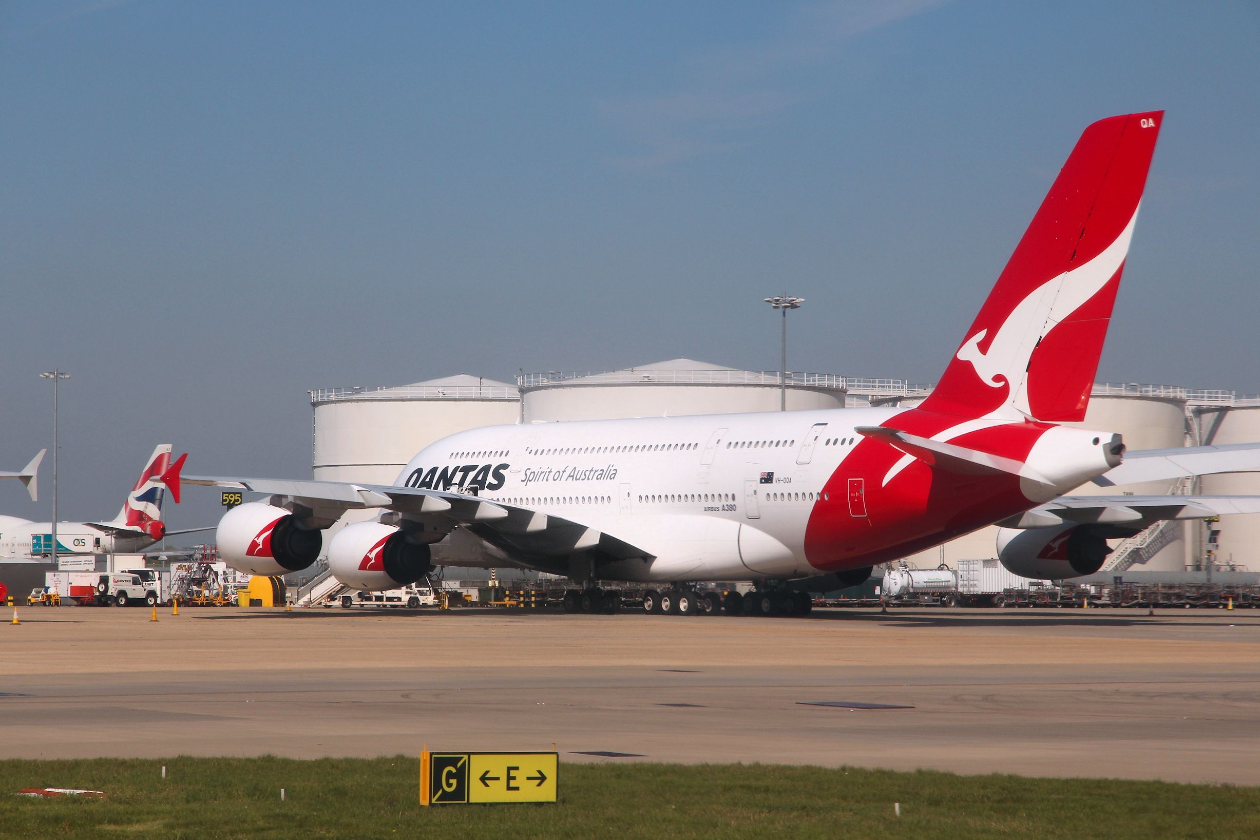 A Qantas Airbus A380 on the apron at London Heathrow Airport.