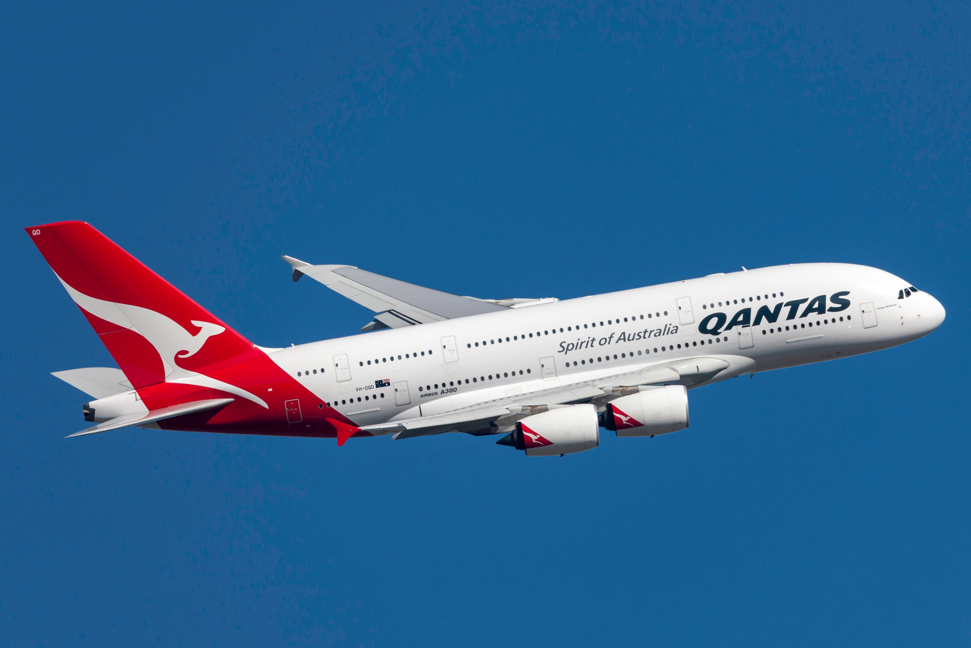 A Qantas Airbus A380 flying in the sky.