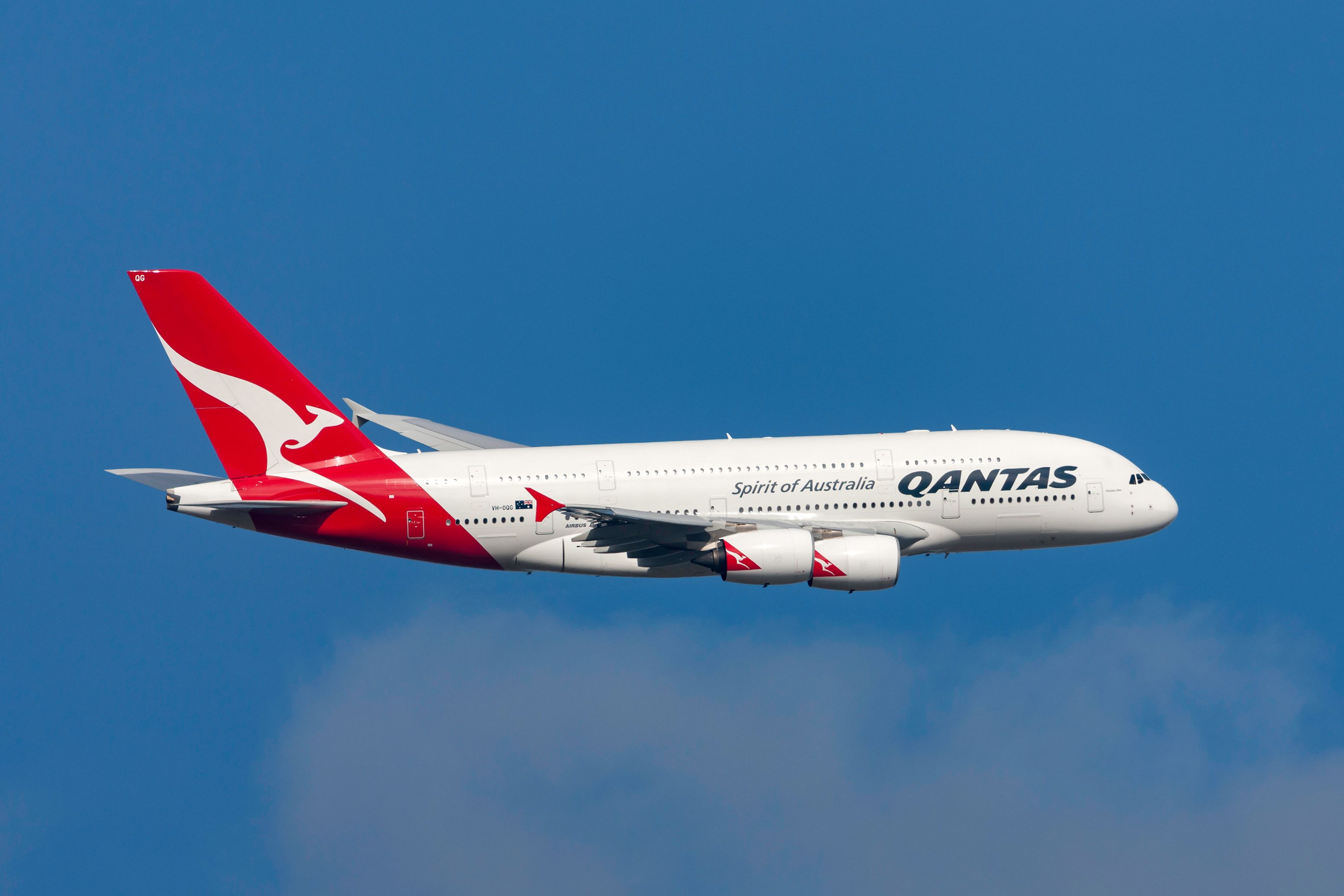 A Qantas Airbus A380 flying in the sky.