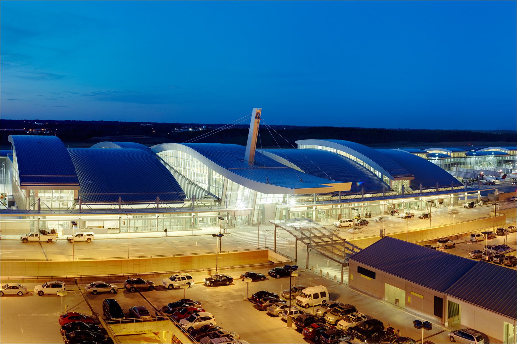 A panoramic view of Raleigh Durham International Airport At Night.