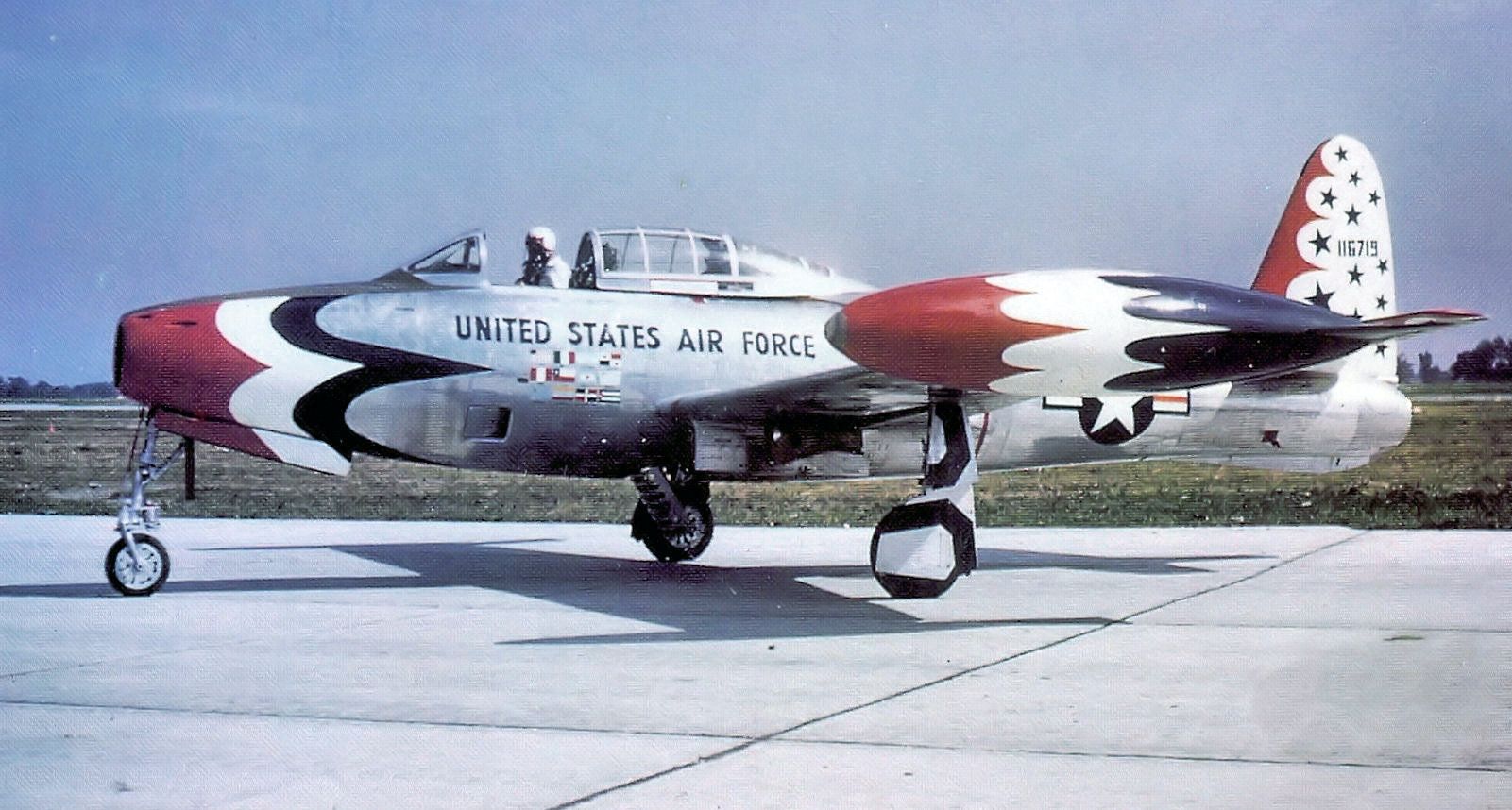 A Republic F-84G-26-RE Thunderjet on an airport apron.