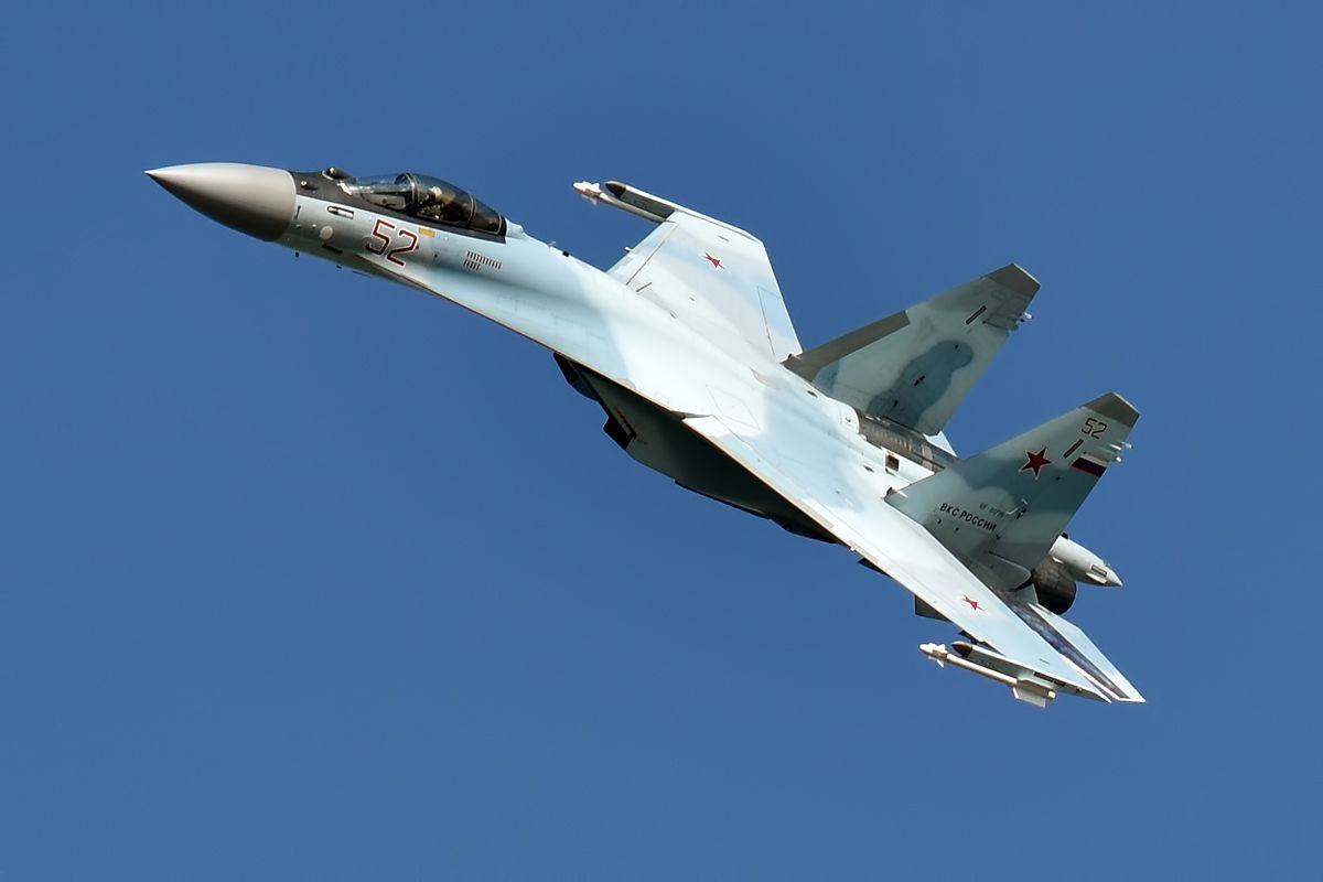A Russian Air Force Sukhoi Su-35S flying in the sky.