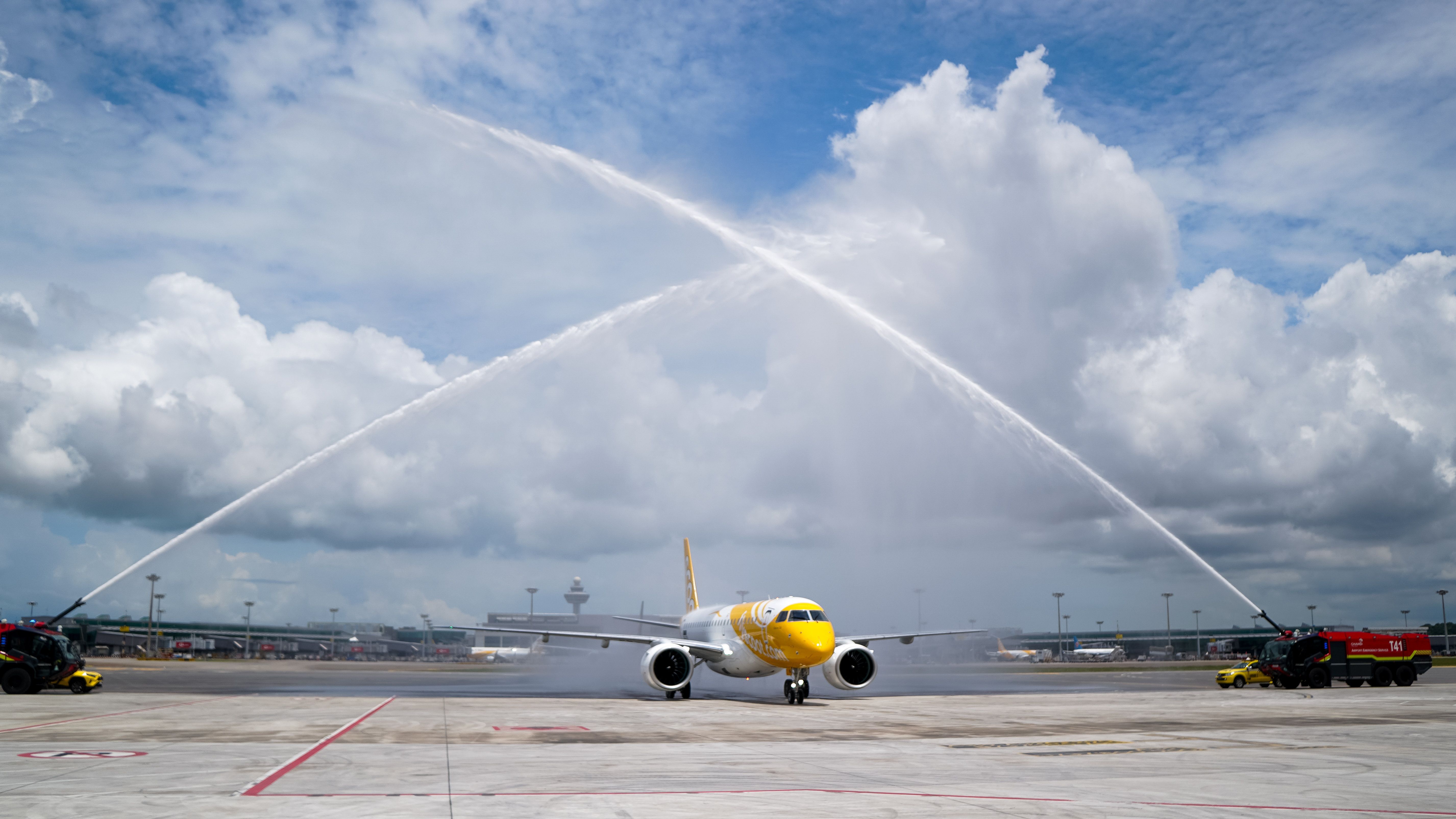 Scoots first E190-E2 water cannon salute upon arrival in Singapore