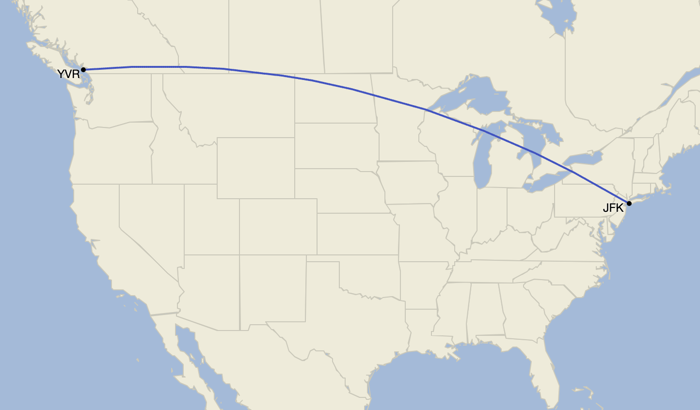 JFK-YVR route map. 