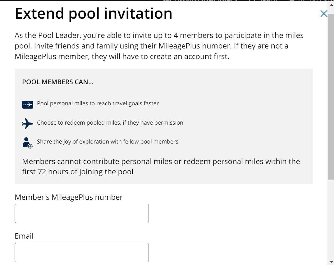 A screenshot of the United Airlines MileagePlus miles pool function.