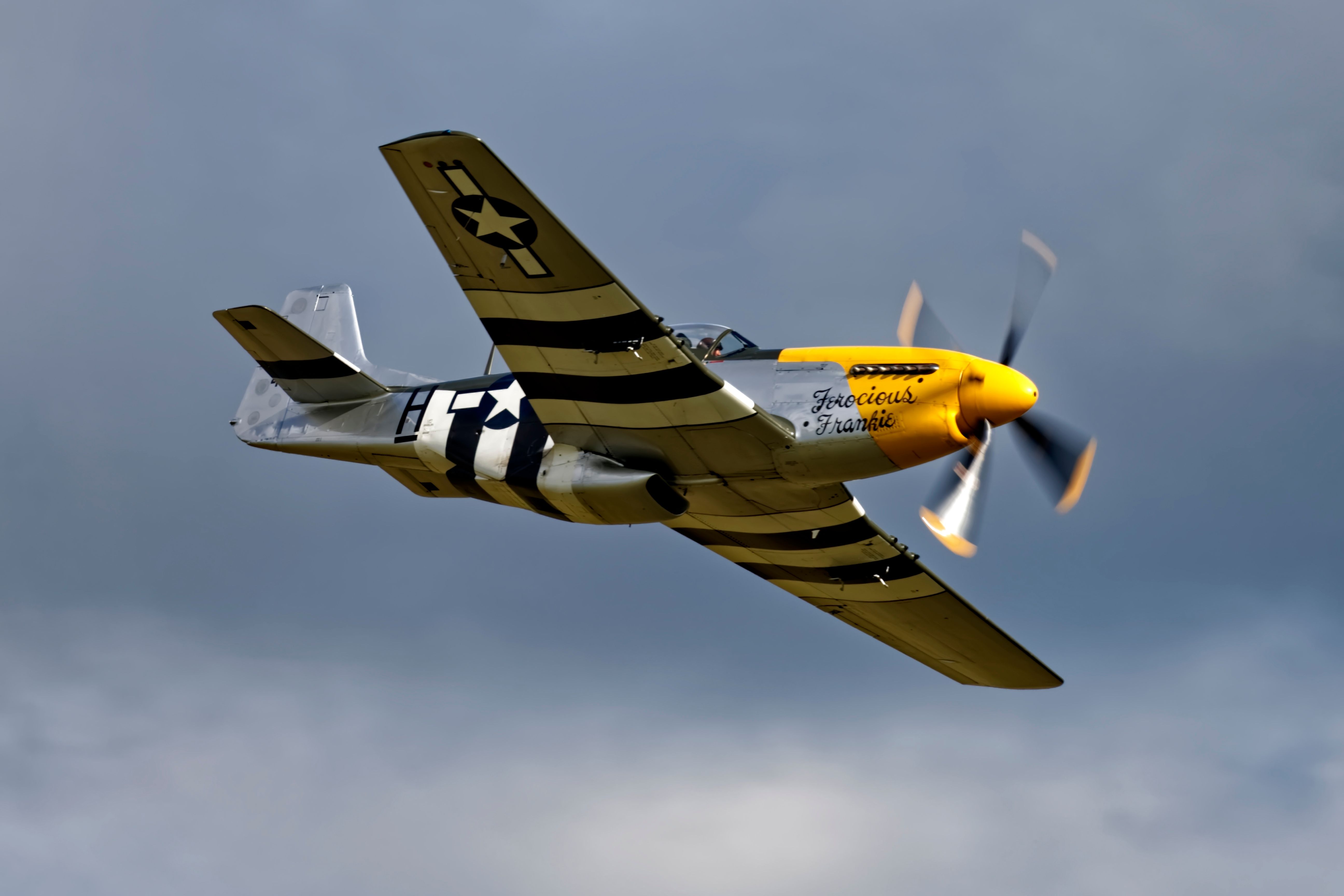 A North American P-51D Mustang 'Ferocious Frankie' flying in the sky.