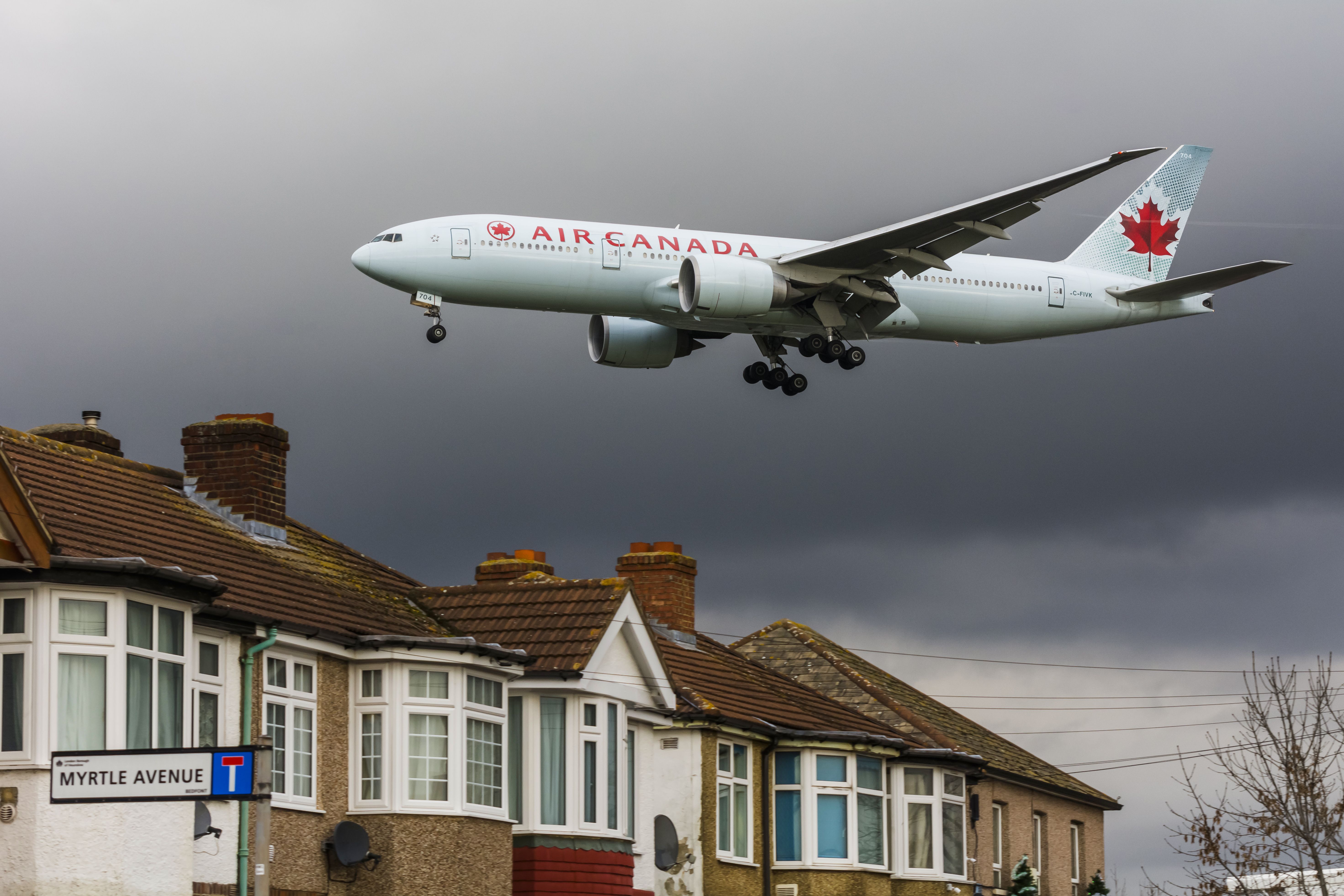 An Air Canada Boeing 777 about to land at London Heathrow Airport.