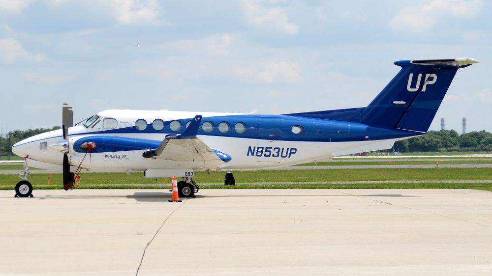 A Wheels Up Aviation Beech Super King Air 350 Parked on the apron at Philadelphia International Airport.