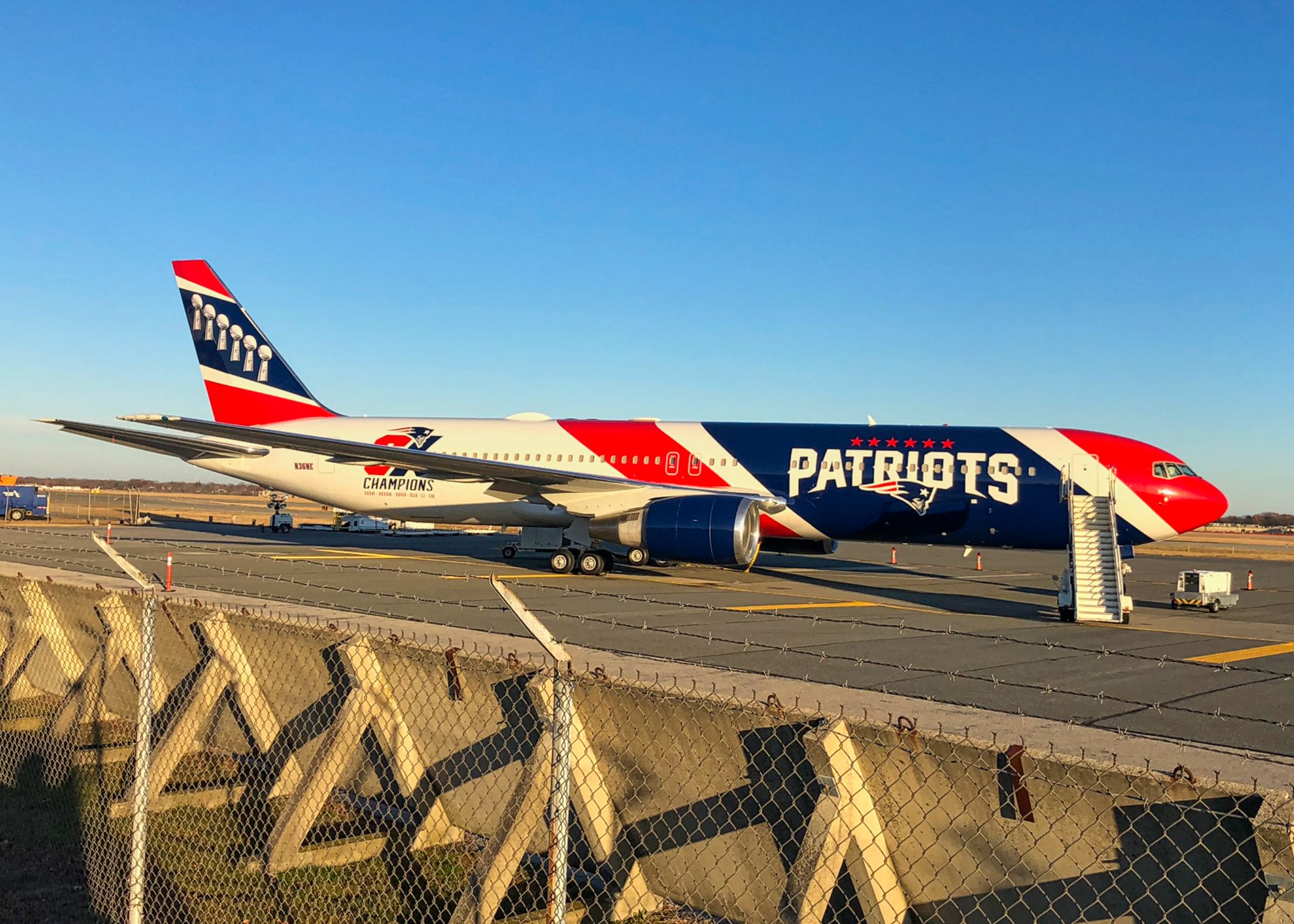 The New England Patriots private jet parked at TF Green Airport